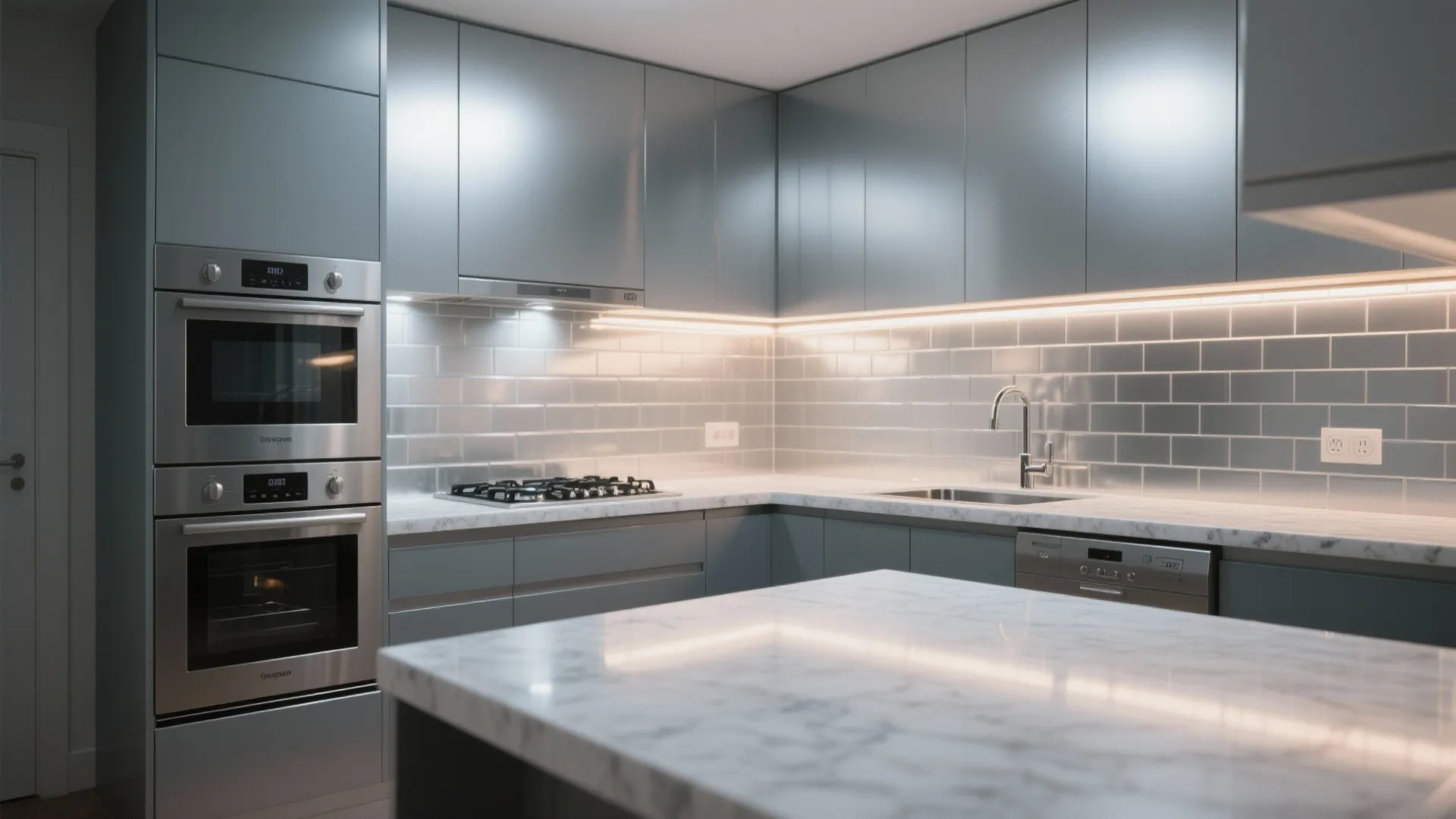Small kitchen with a sealed metallic silver backsplash reflecting under-cabinet light and daylight.