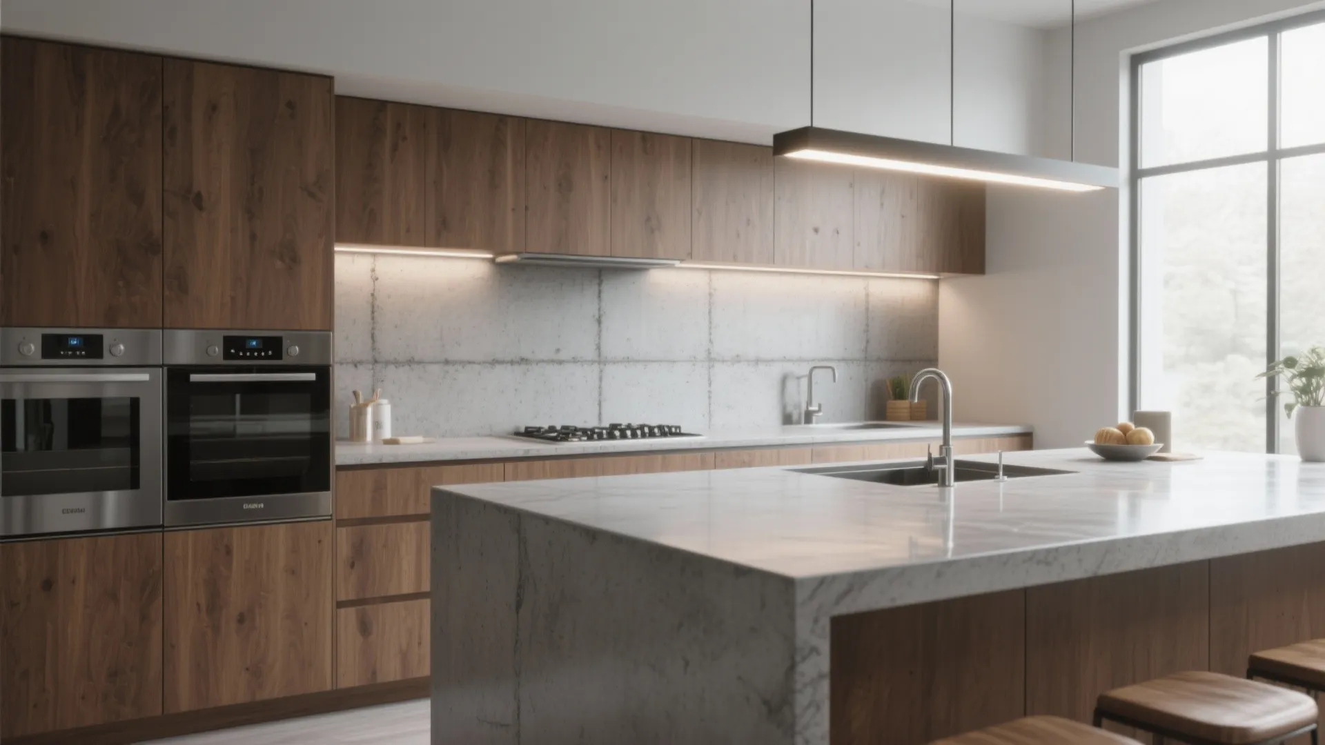 Modern wood kitchen with marble island, stone backsplash, built-in ovens, and a long black ceiling light