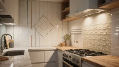 Modern Kitchen with Geometric Tile Accent Wall