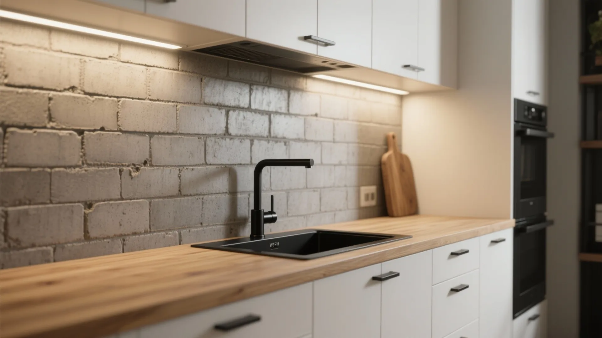 Sealed Split-Face Block Backsplash with Soft Lighting