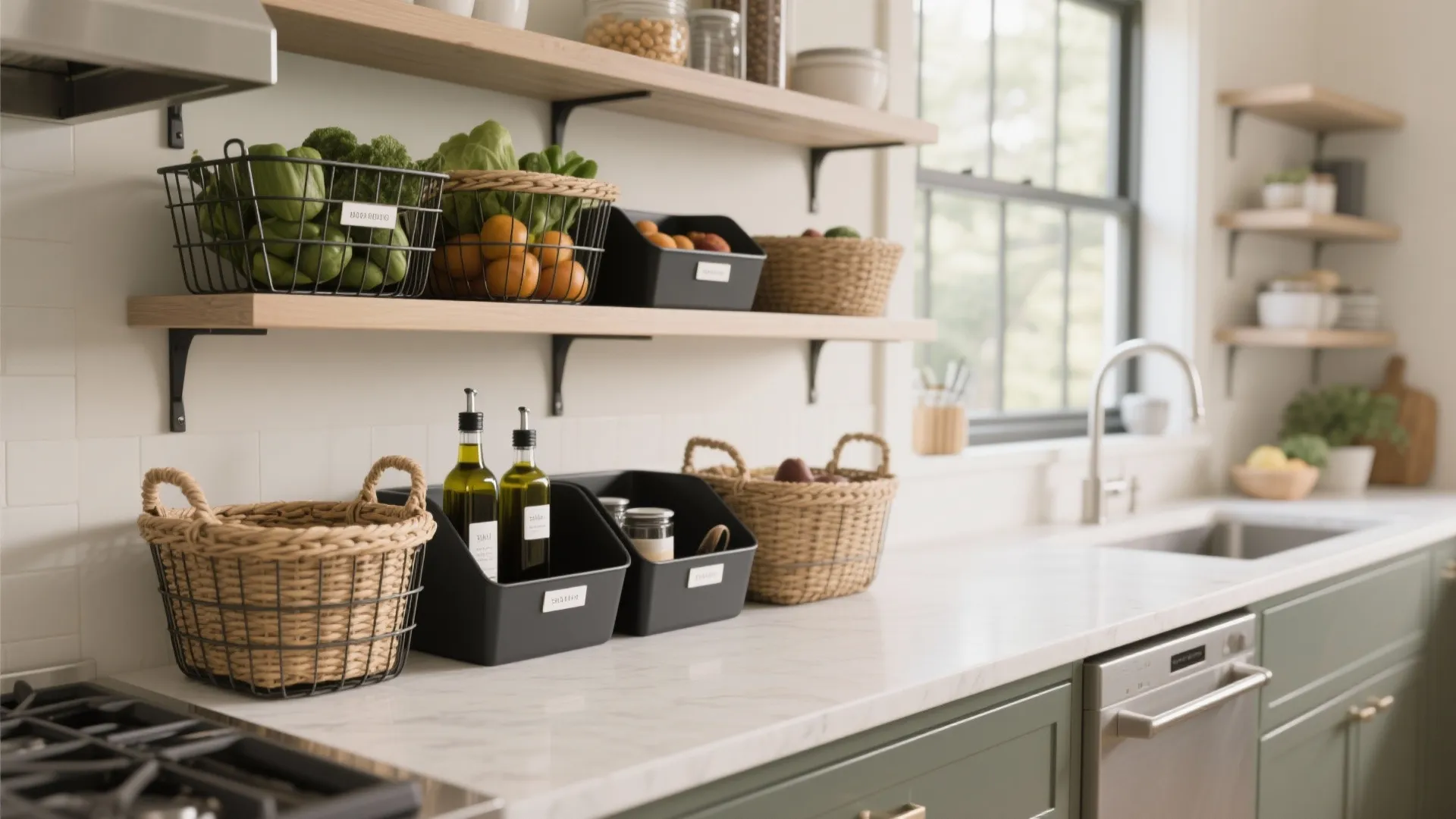 Modern kitchen featuring green cabinets wooden open shelves storage baskets oil bottles and white sink