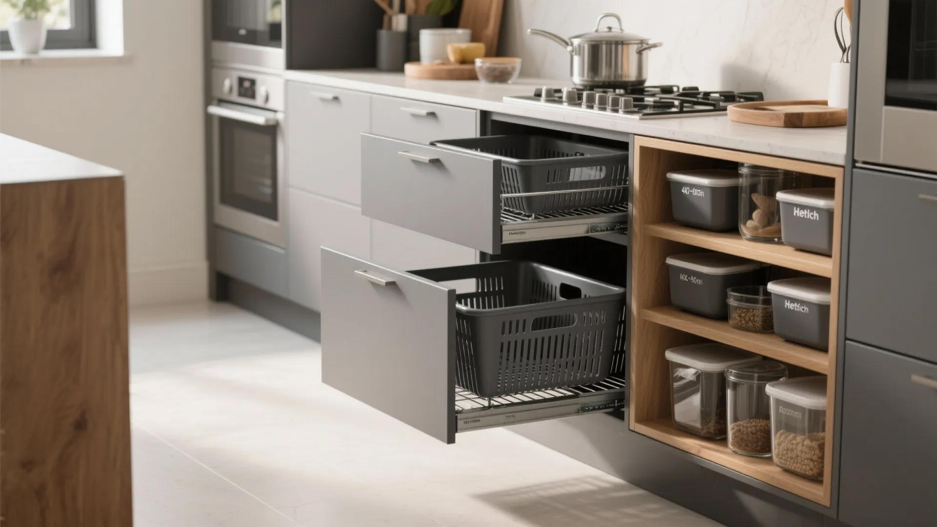 Modern grey kitchen with open storage drawers containing black plastic baskets and wooden shelves with jars