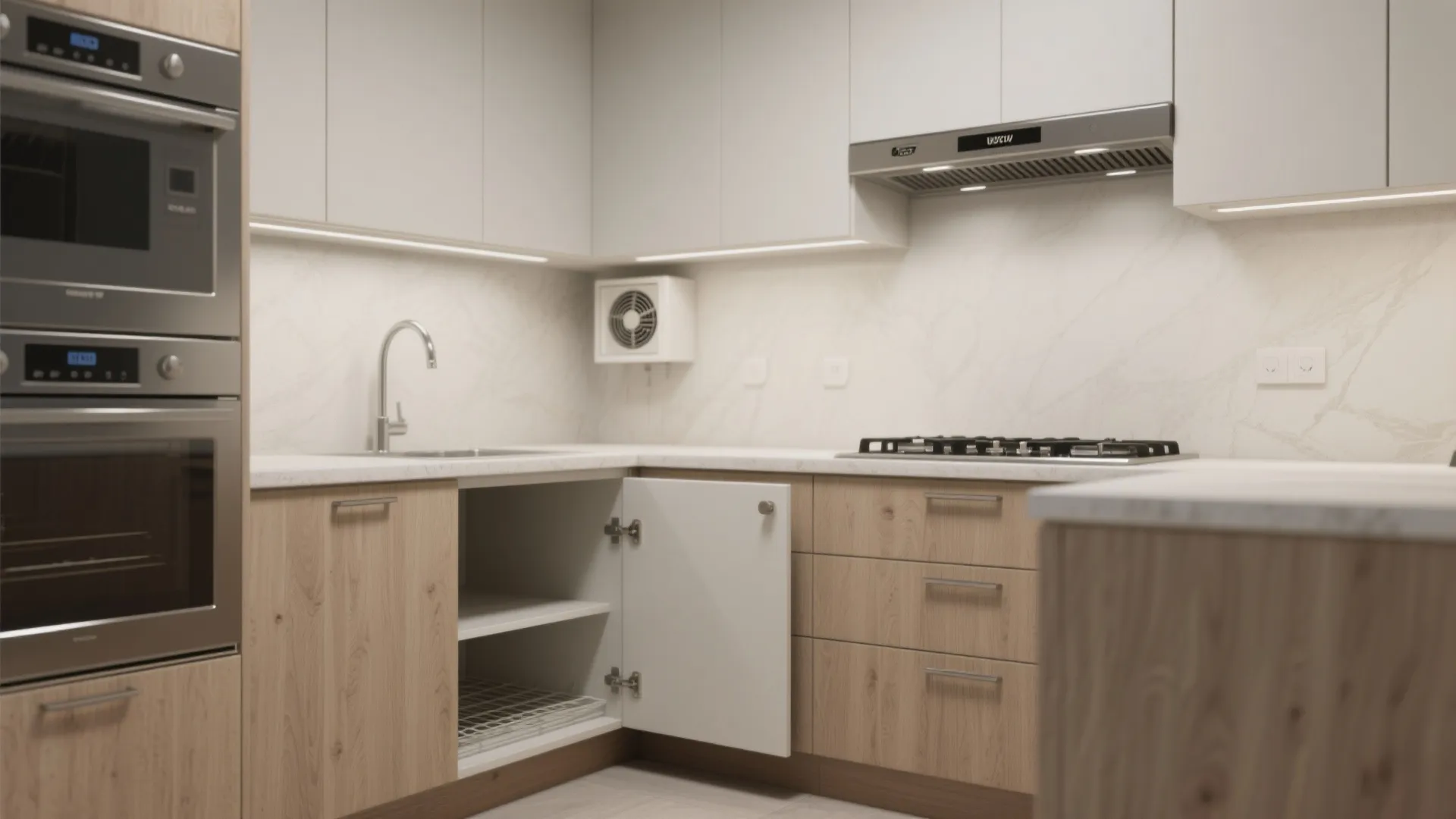 Modern kitchen with wood cabinets white countertops silver oven sink and open storage corner cabinet