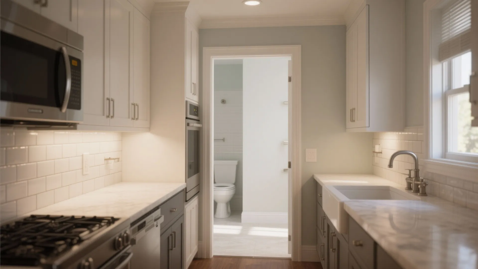 Modern kitchen and adjoining bathroom showing semi-gloss cabinets and moisture-resistant paint finishes.
