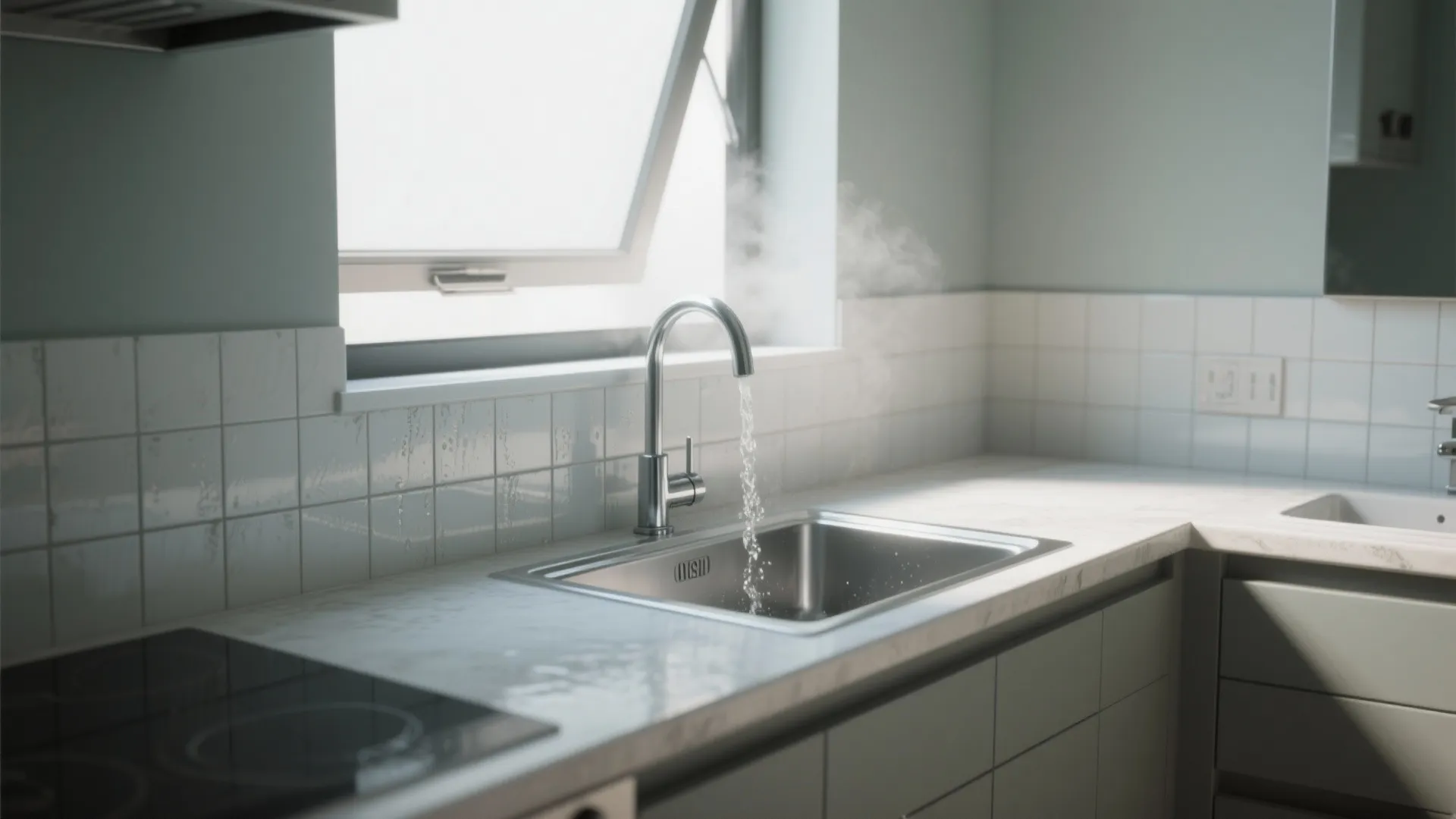 Modern kitchen with white tiles and steam rising from water flowing into a silver sink