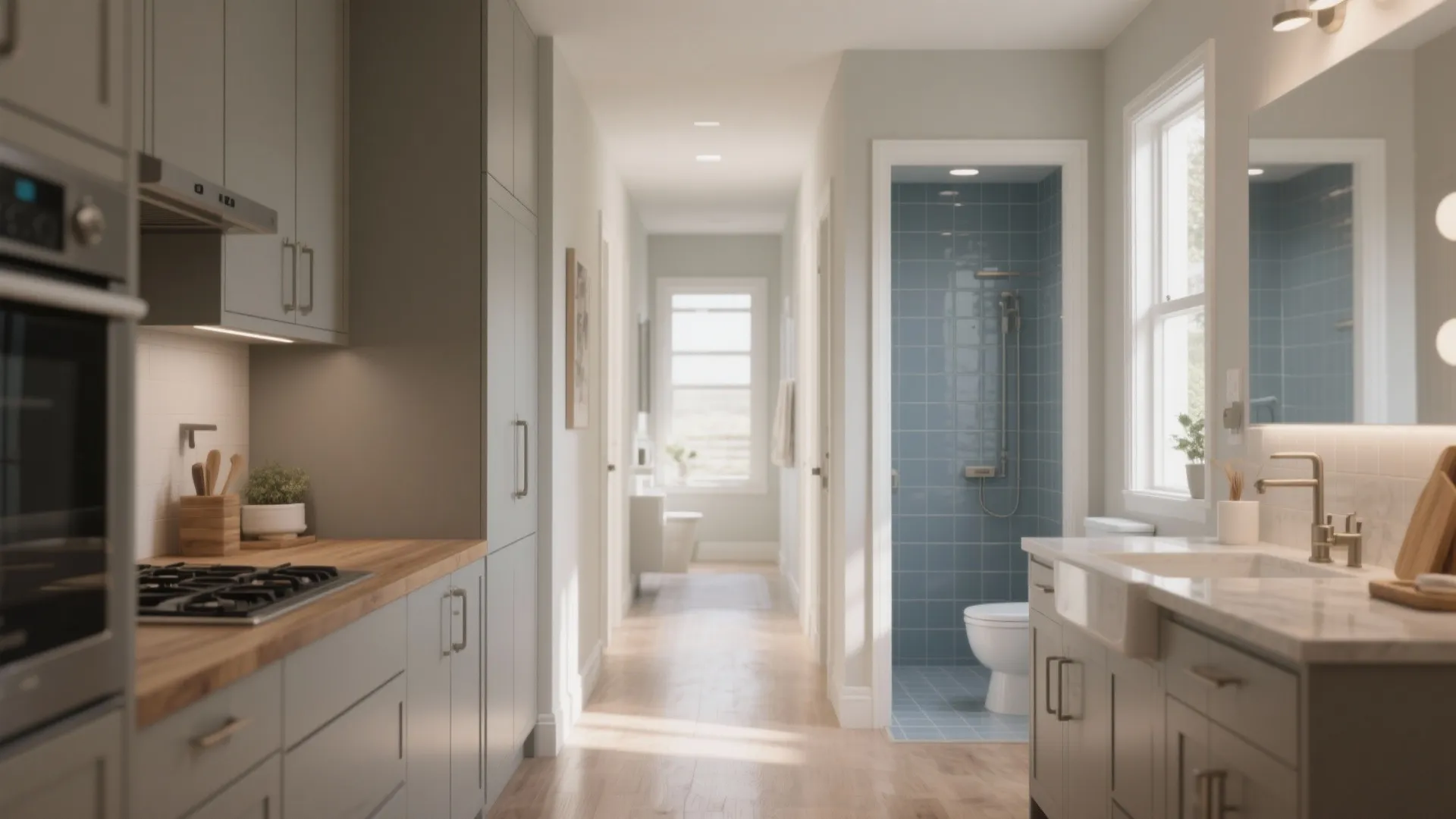 Interior design drawing showing kitchen cabinets wooden counter and view into blue tiled bathroom through hallway