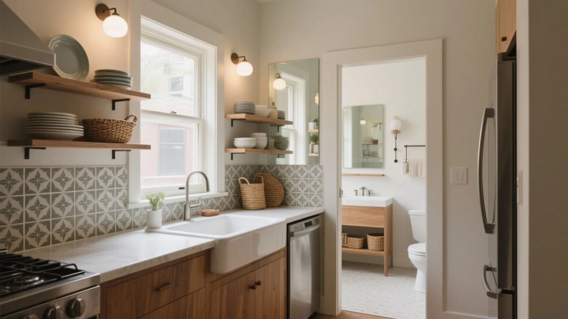 Modern kitchen with wooden cabinets and white sink leading to a clean white bathroom view