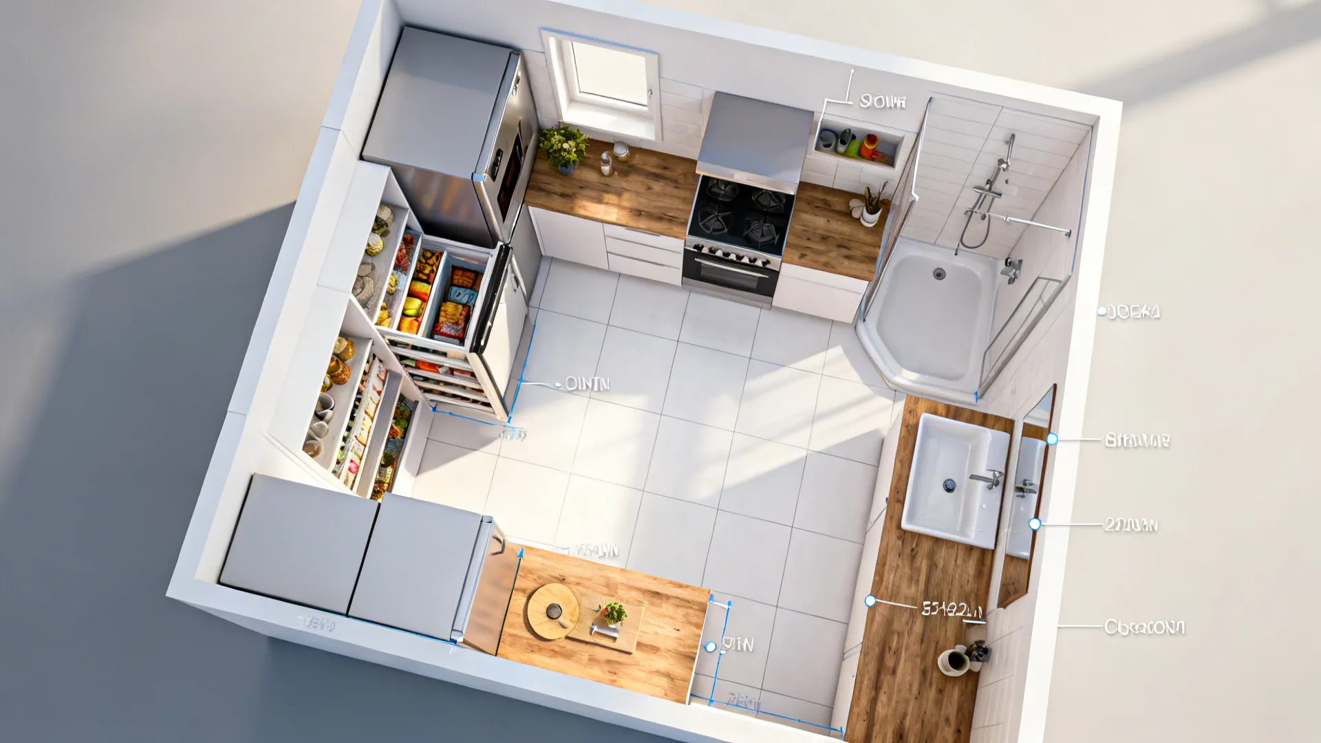Top-down view of a tiny kitchen and bathroom layout with pull-out pantry and corner sink details.