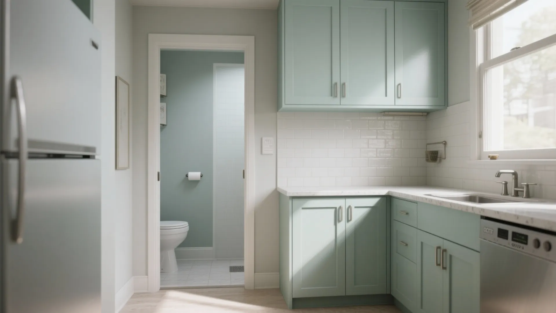 Compact kitchen and bathroom entry showing moisture-resistant paint, neat trim work and coordinated cabinetry.