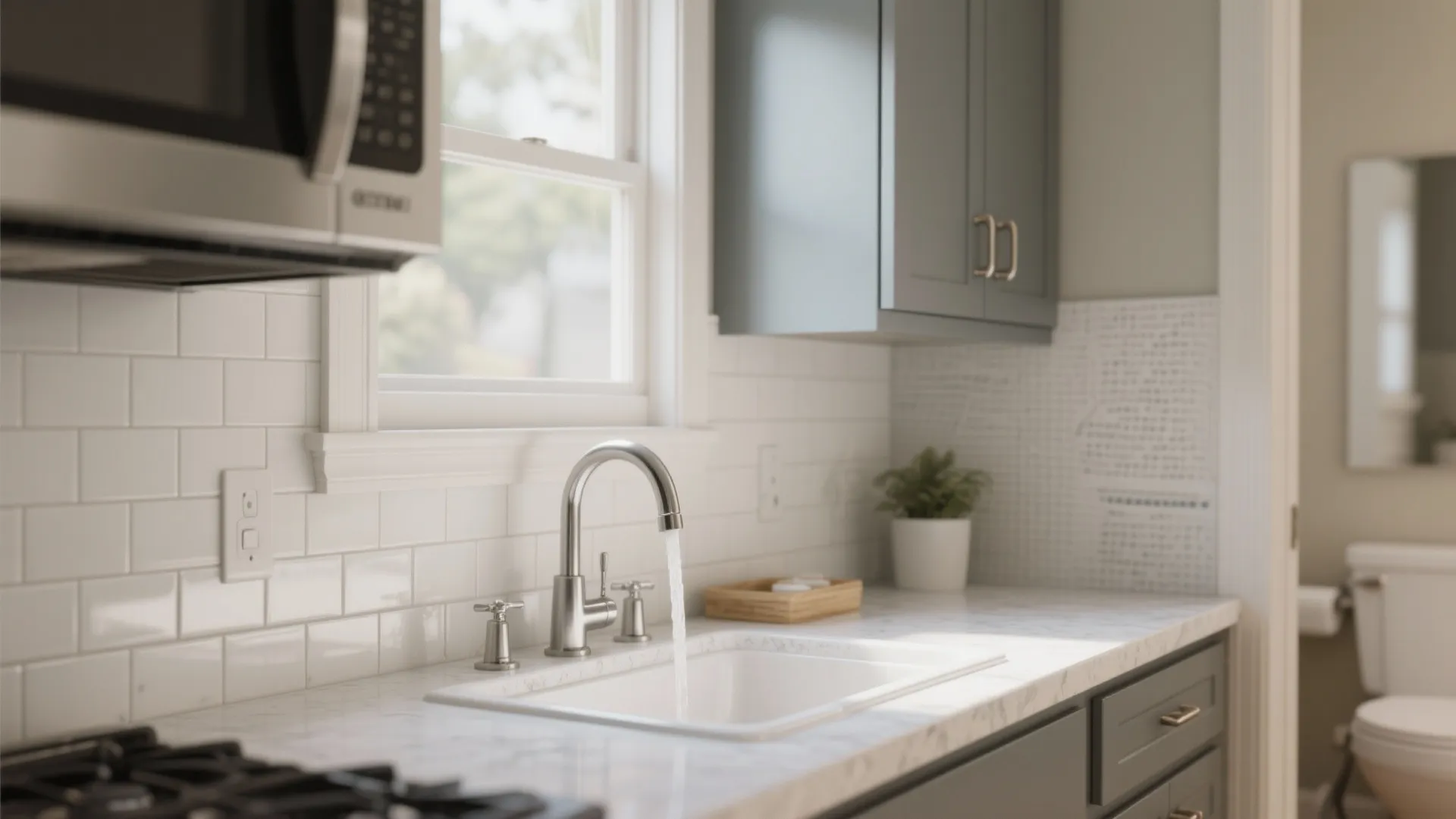 Kitchen and bathroom with new hardware, peel-and-stick backsplash, and water-saving faucet.