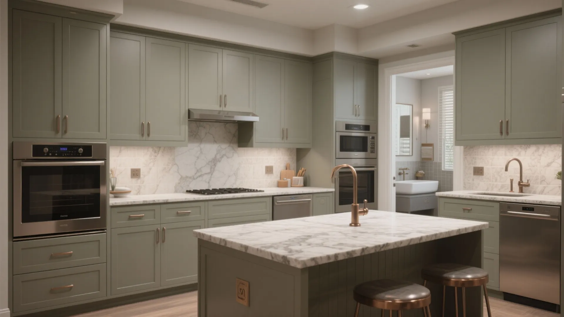 Modern green kitchen with marble island stools wooden floor oven sink and view into bathroom
