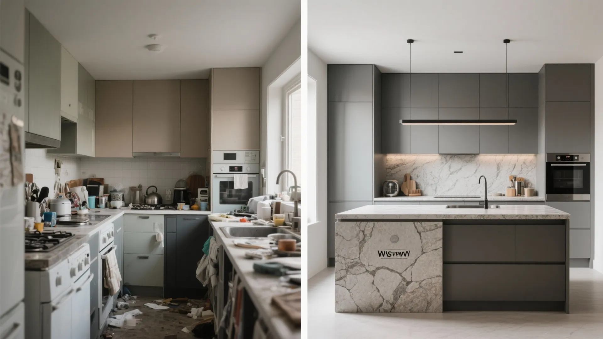 1) Minimal luxe kitchen storage with stone-texture accents