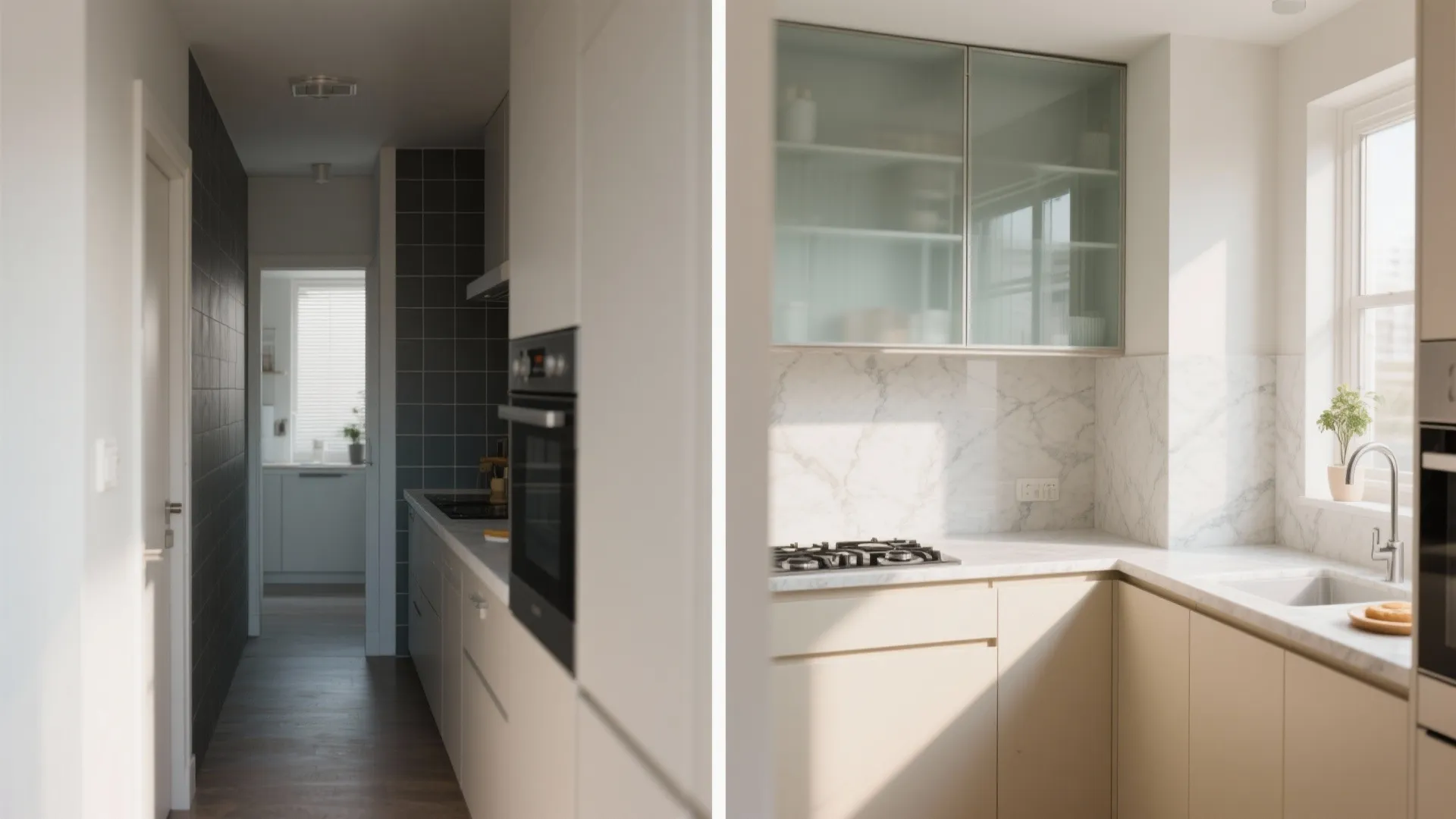 2) Semi-open kitchen with glass backsplash and light counters