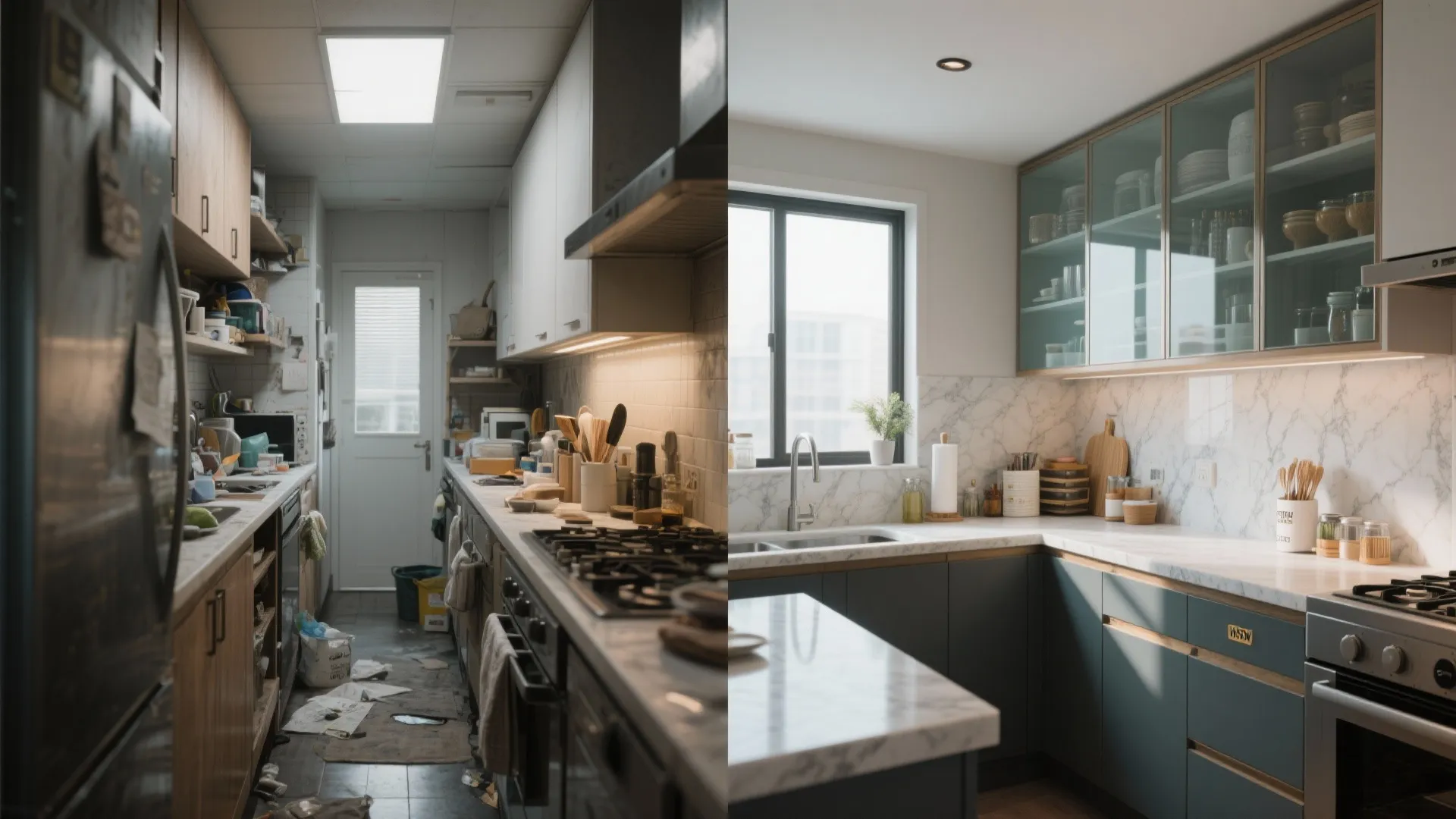 Before and after comparison of a messy old kitchen and a modern clean kitchen renovation
