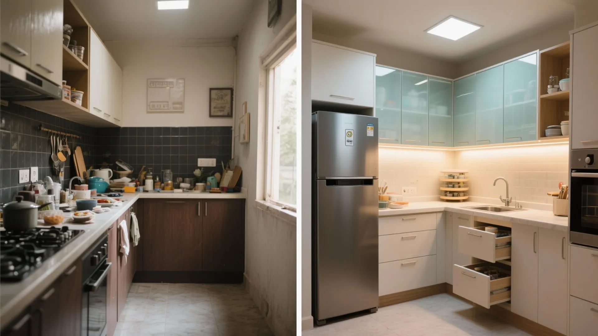 Before and after comparison of a messy old kitchen and a bright modern renovated kitchen