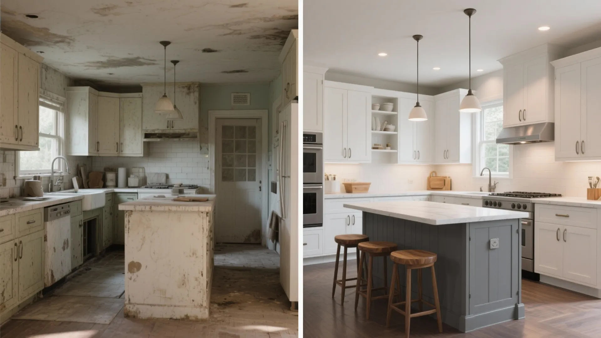 Before-and-after comparison of a kitchen remodeled with white cabinets and a grey island.