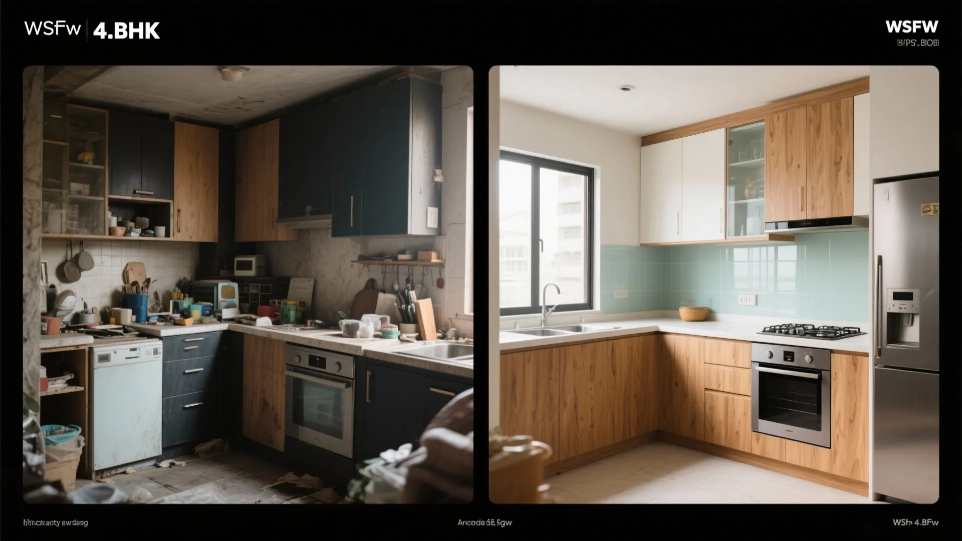 Before and after comparison of old messy kitchen versus new clean wooden interior design drawing