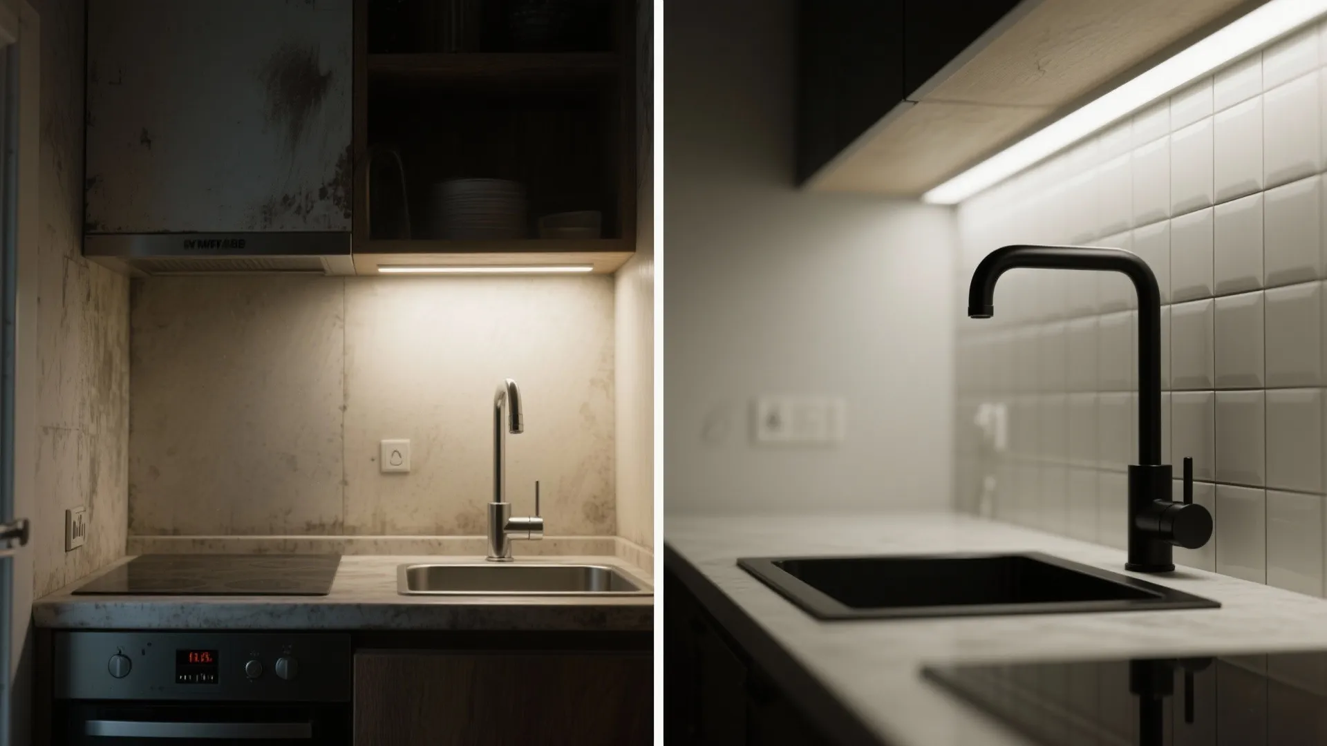 Before and after comparison of old kitchen counter versus a modern sink with black faucet