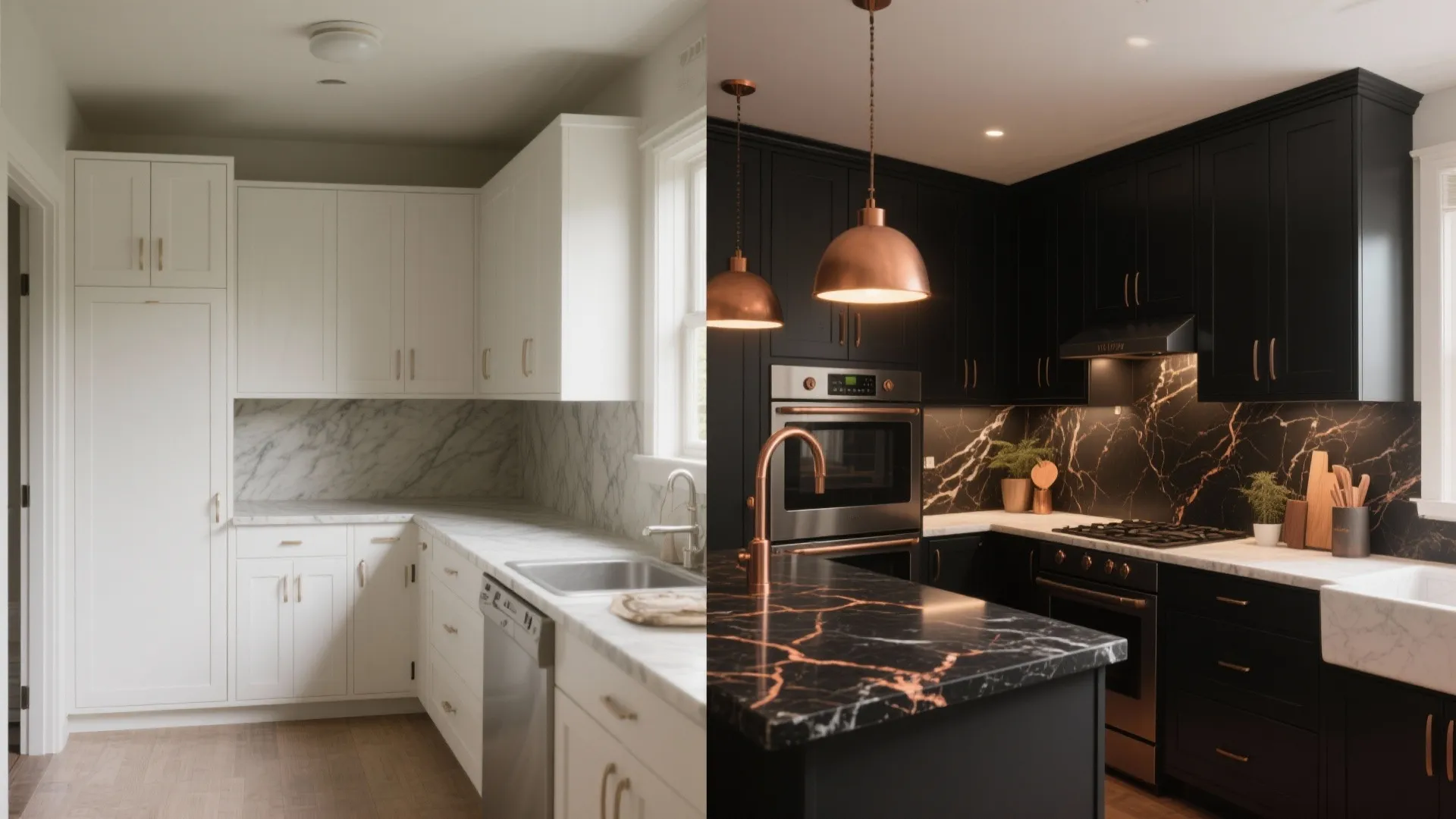 Before-and-after of a small kitchen transformed from white to matte black with copper accents.