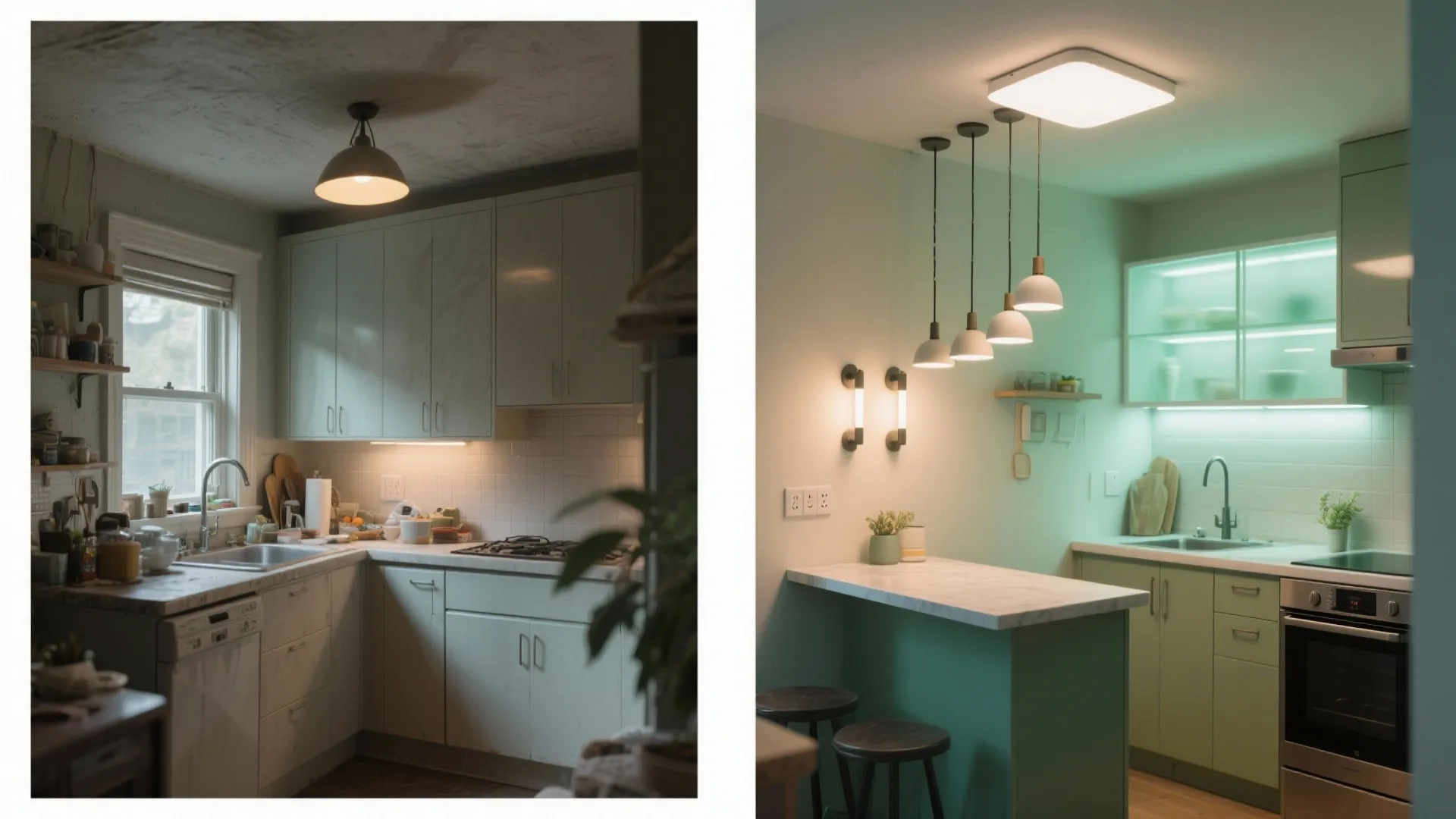Before-and-after small kitchen showing single lamp versus layered lighting with pendants, LEDs, sconces, and backlit shelf.