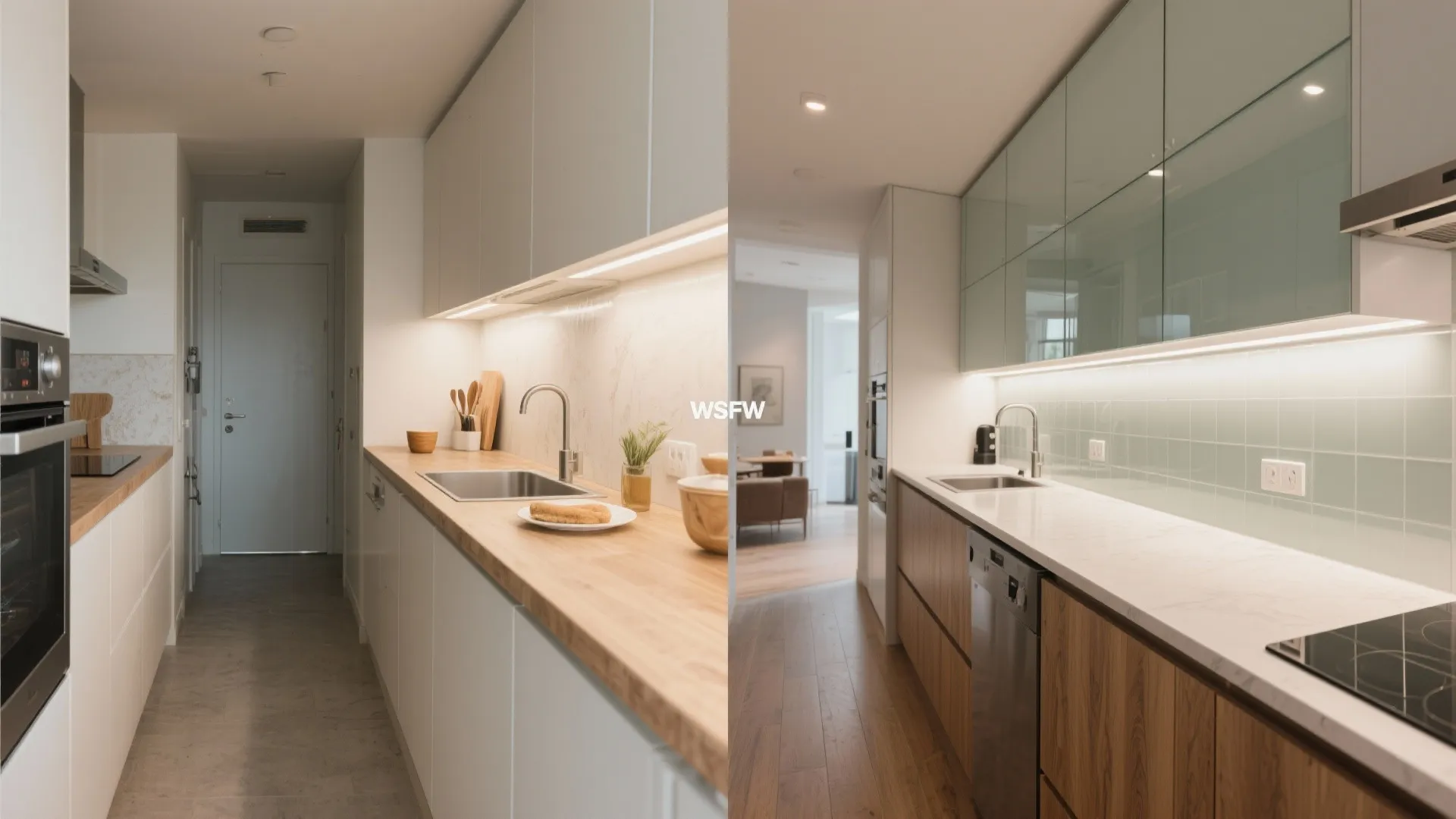 Before and after comparison of a kitchen renovation showing white cabinets versus modern wooden cabinets