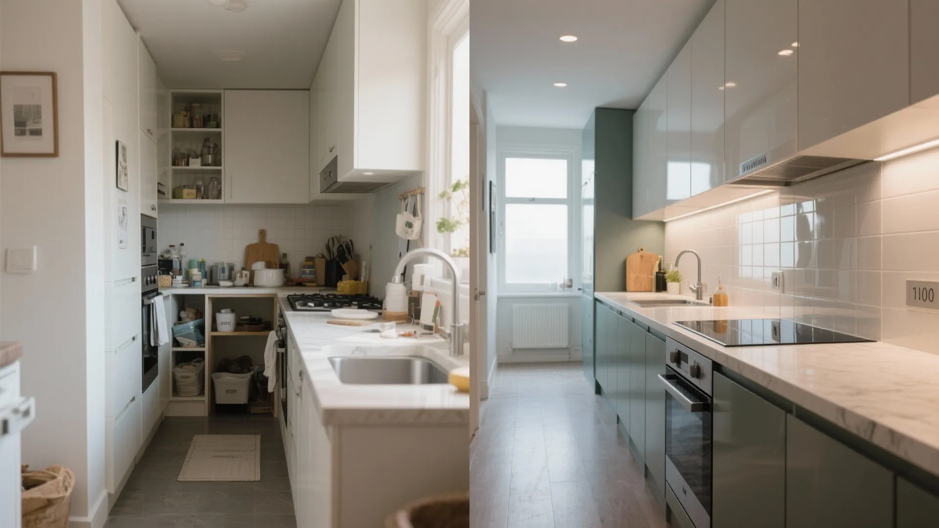 Before and after comparison showing a messy small kitchen versus a clean modern green kitchen