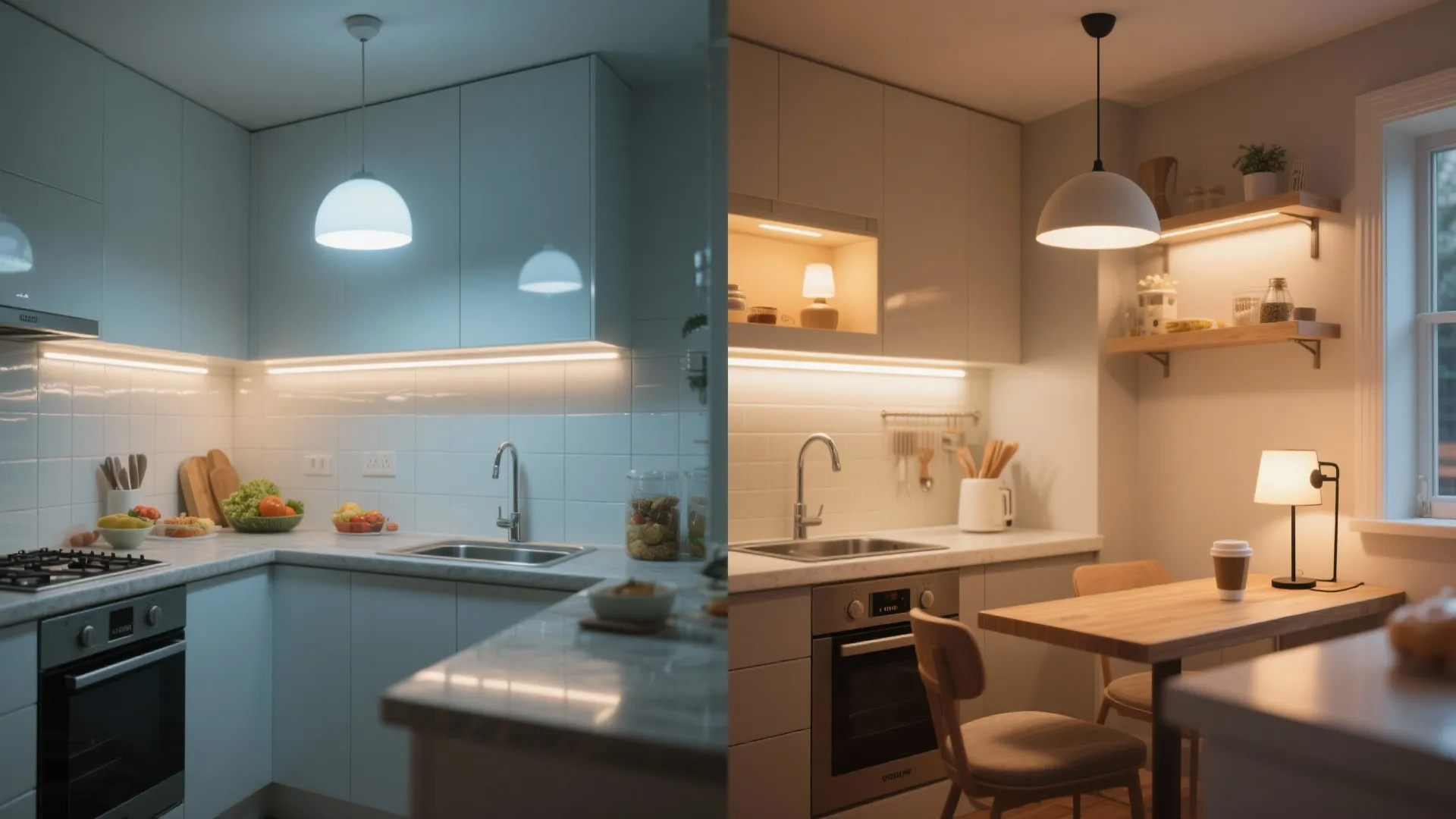 Before-and-after of a small kitchen switching from cool single globe to layered warm high-CRI lighting with under-cabinet and pendant.