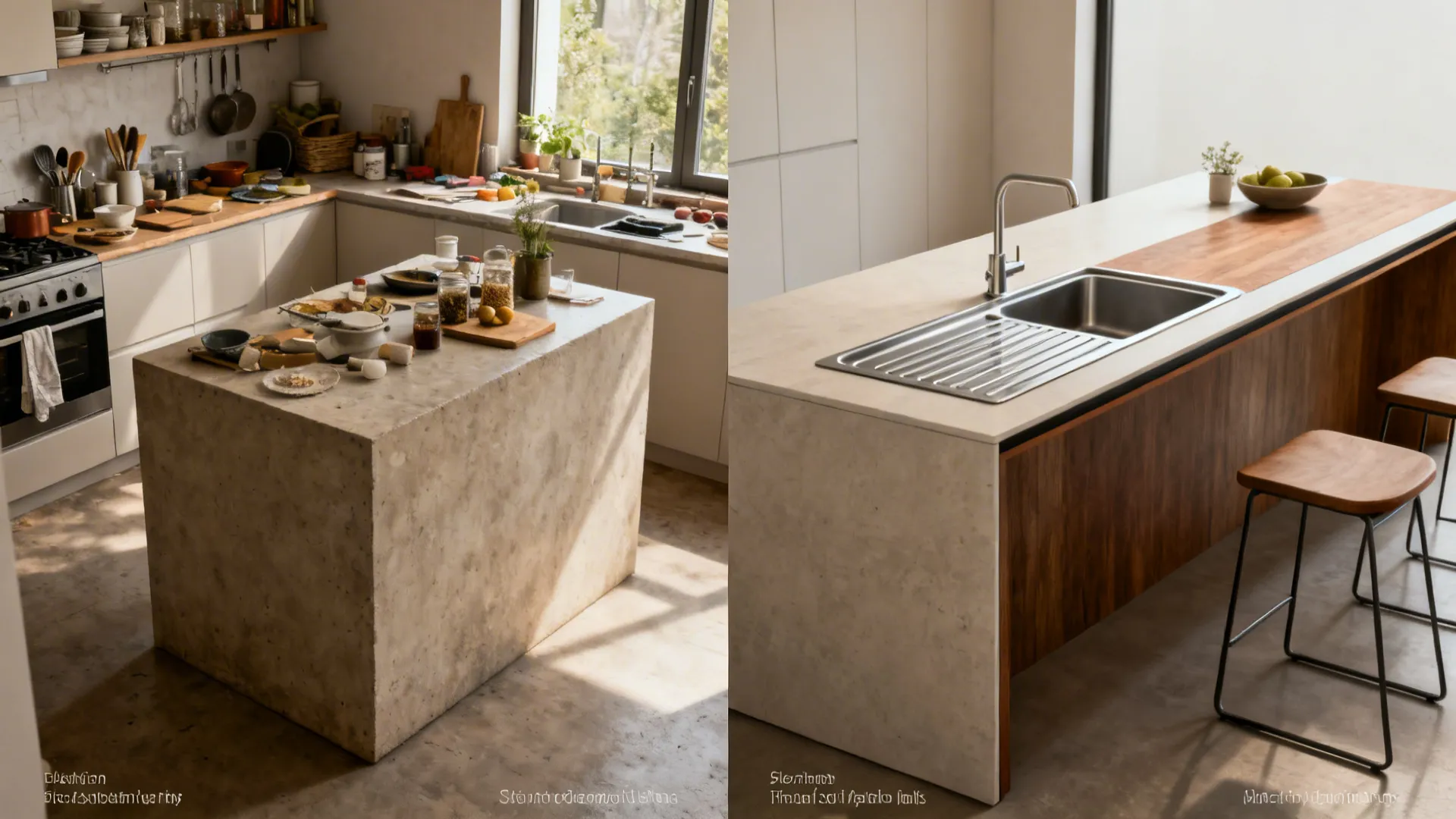 Before-and-after of a compact kitchen transforming to slim profiles, mixed materials, drainboard, and a slim peninsula.