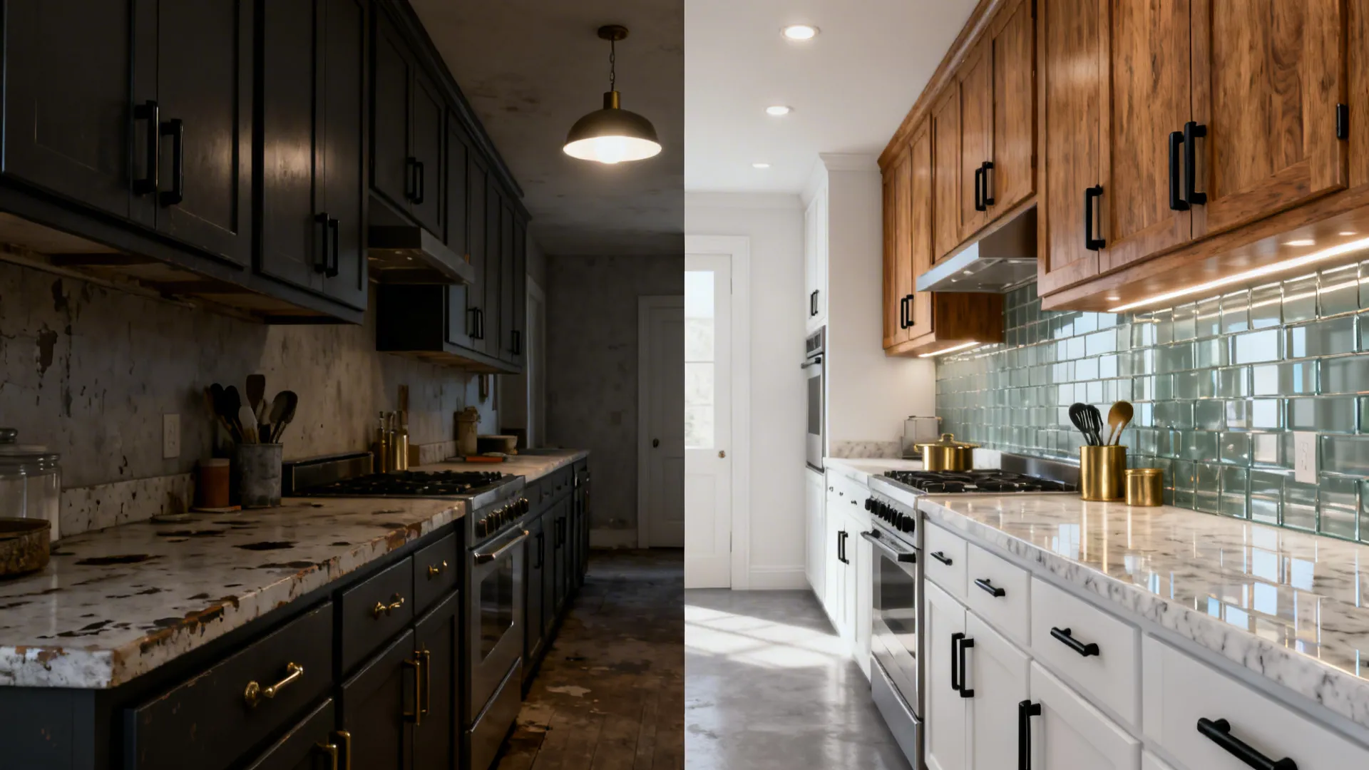 Before-and-after of a small galley kitchen transforming into a bright, cohesive space.