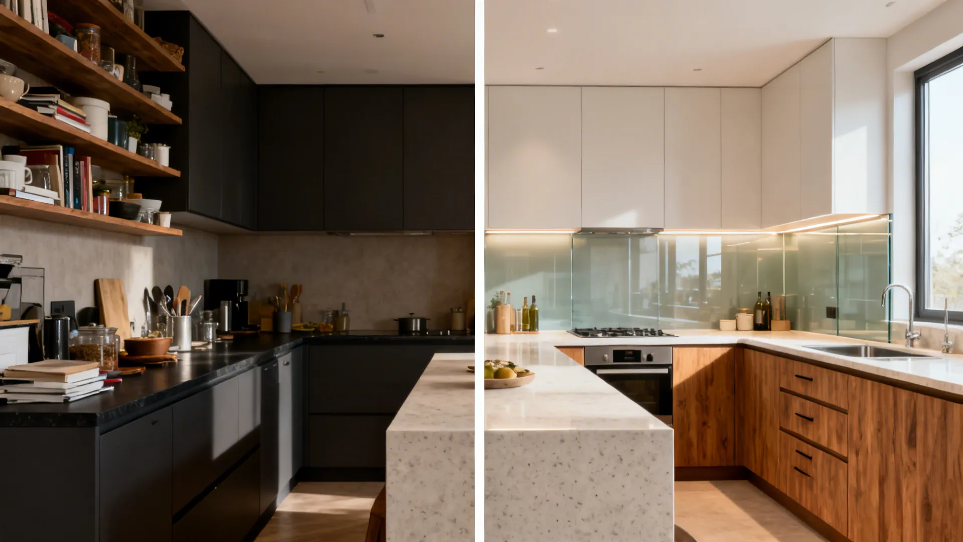Before-and-after of a small kitchen transformed with semi-modular drawers, glass backsplash, and better lighting.