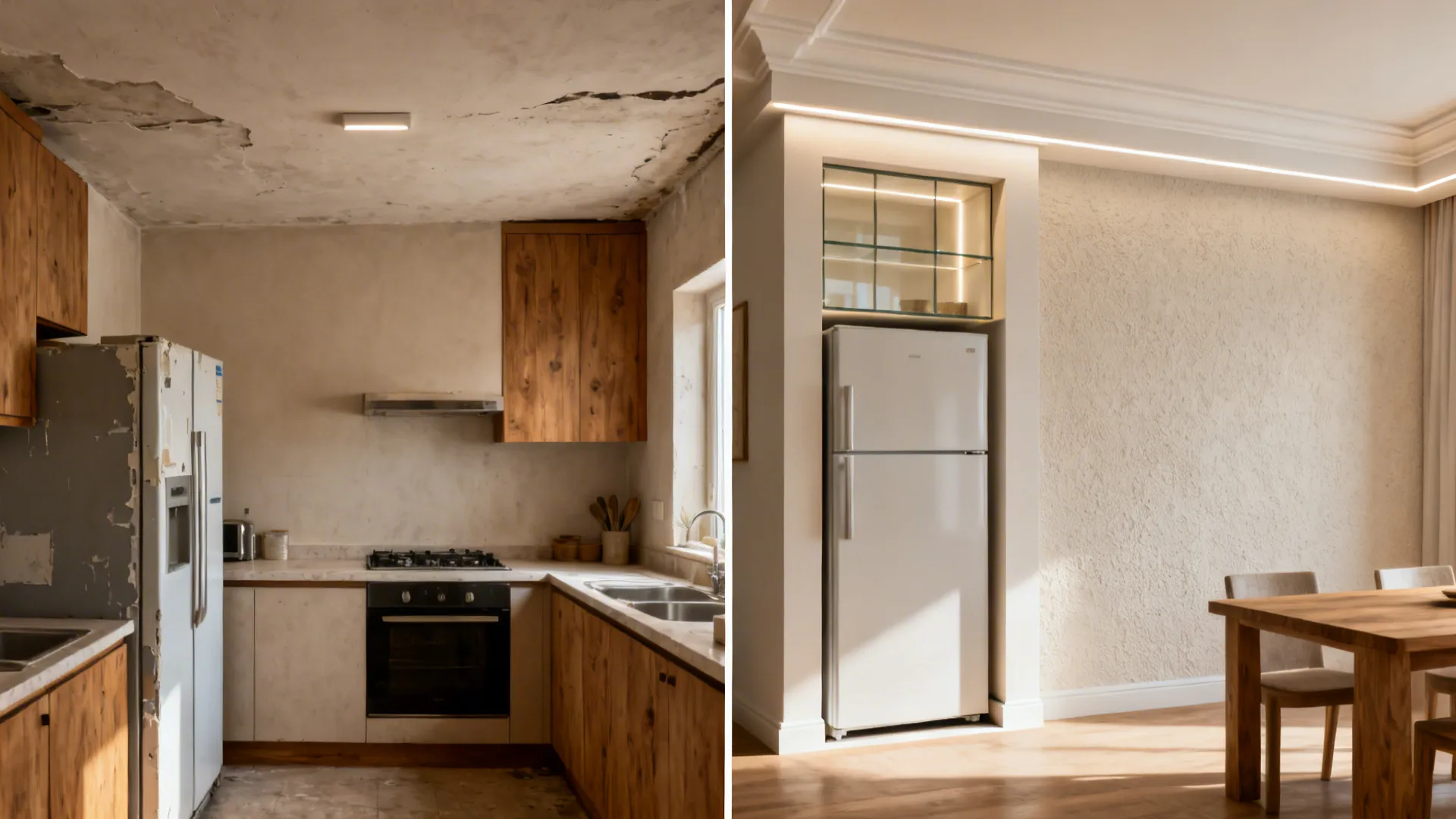 Before-and-after small kitchen comparison showing gypsum ceiling, niche, feature wall, bulkhead, and appliance boxing upgrades.