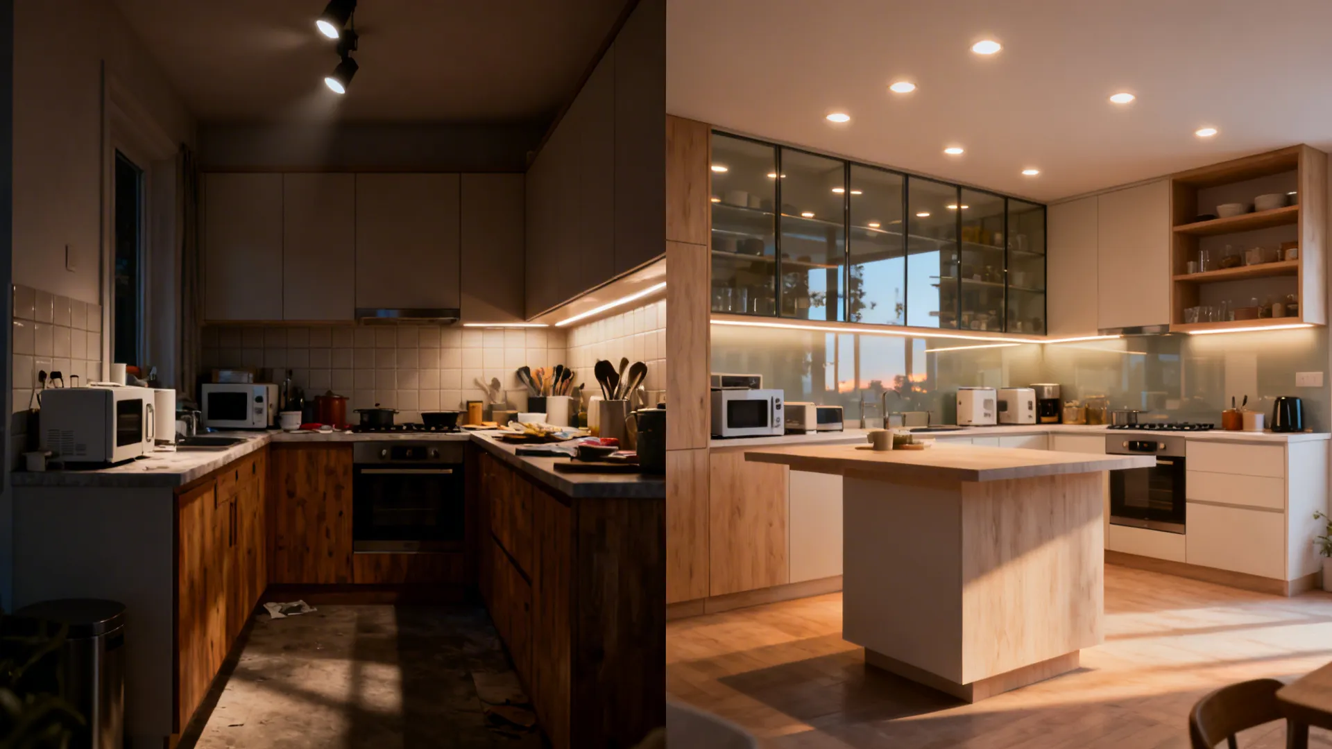 Before and after split of a compact kitchen showing improved lighting and materials.