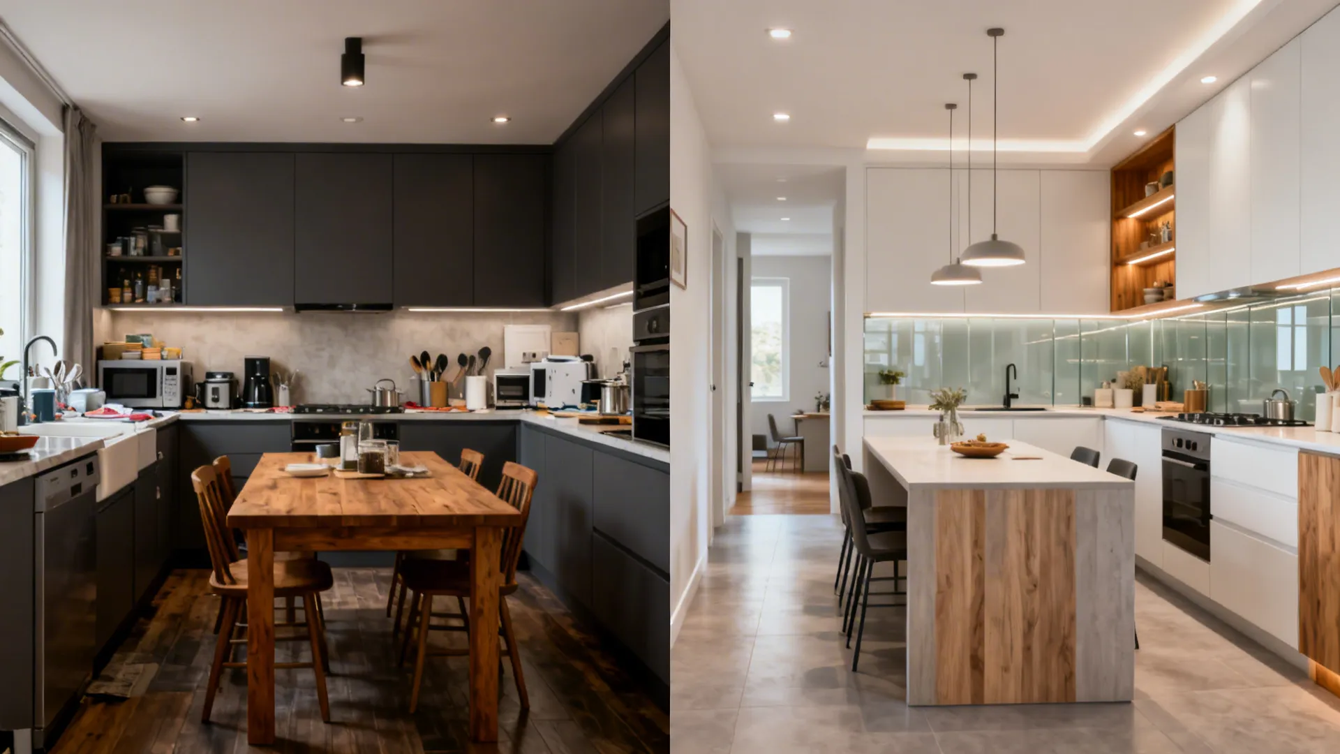 Before-and-after of a small kitchen transforming to a bright, organized dine-in space.