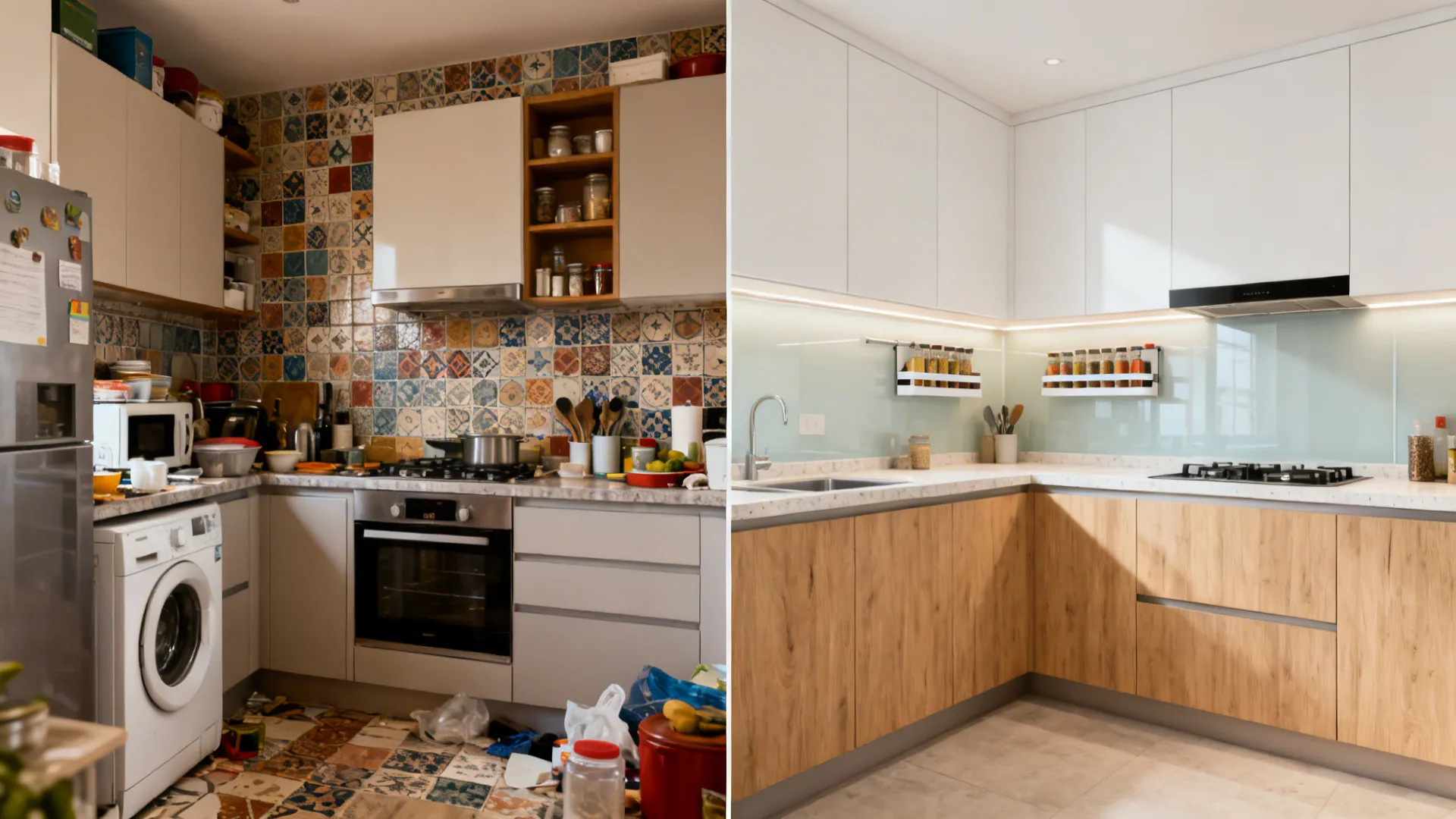 Before-and-after of a Pakistani kitchen from cluttered to bright L-shaped layout with glass backsplash.
