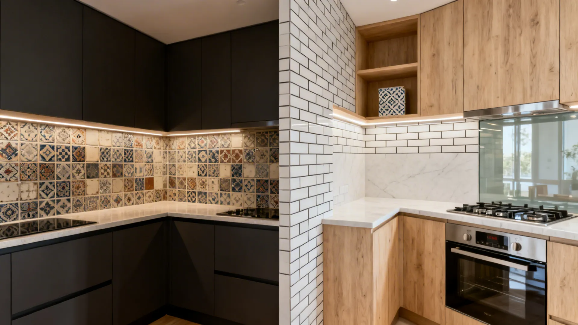 Before and after of a small L-shaped kitchen showing a brighter, cleaner backsplash mix and neutral finishes.