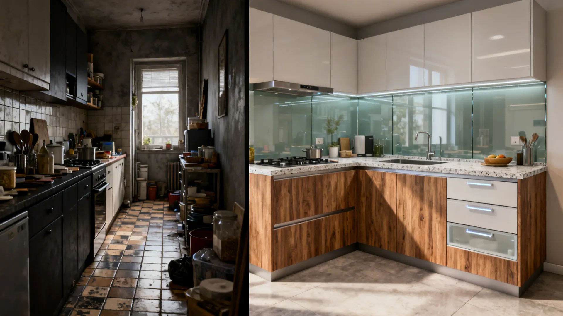 Before-and-after comparison of a compact kitchen transformed with L-shape, glass backsplash, and drawers.