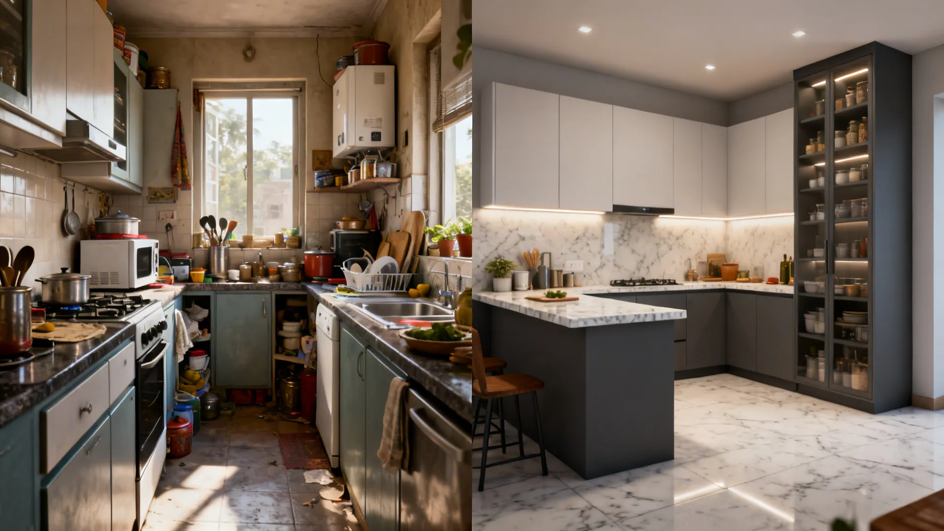 Before-and-after view of a compact Indian kitchen transforming into an efficient layout.