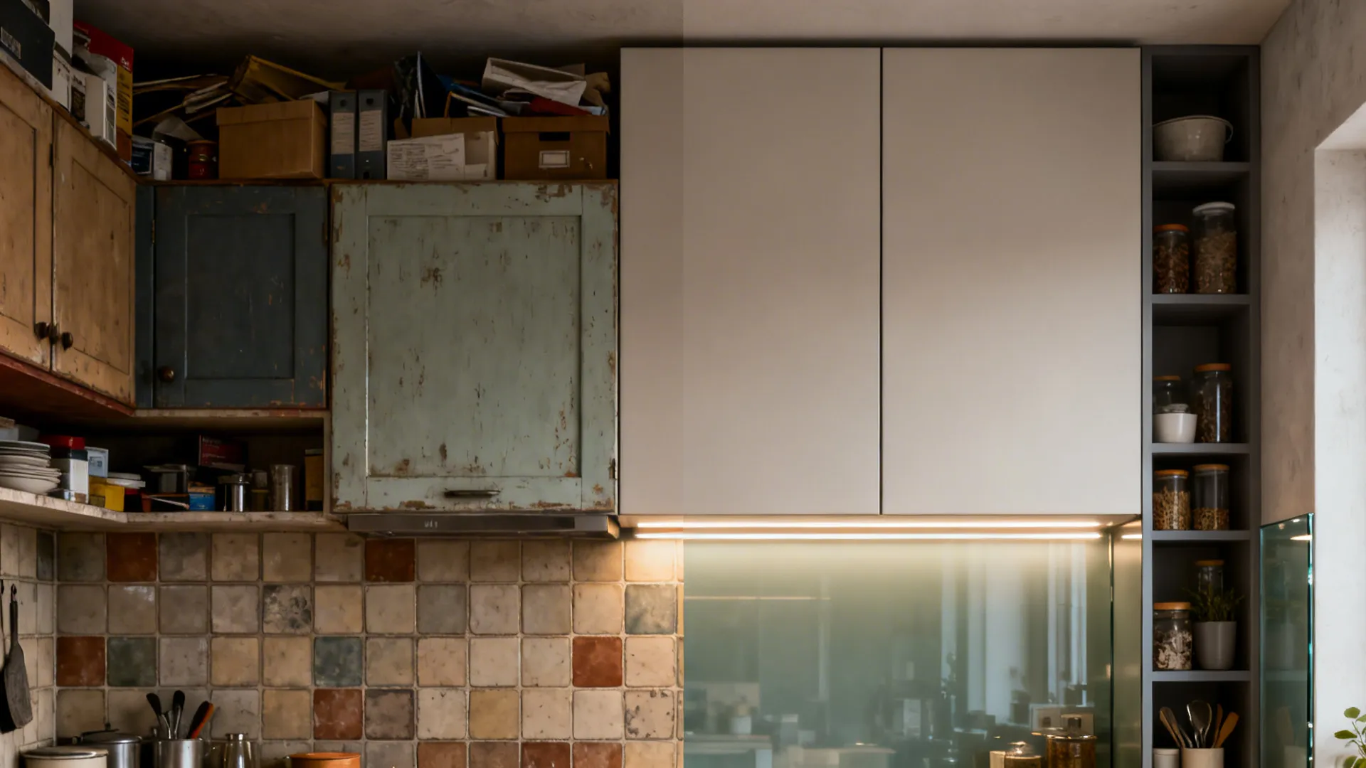 Split view showing a cluttered tiny kitchen wall transformed into a clean, bright modern design.