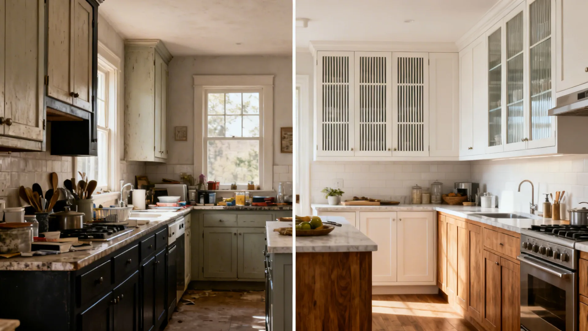 Before-and-after comparison of a messy old kitchen versus a bright modern renovated kitchen design layout