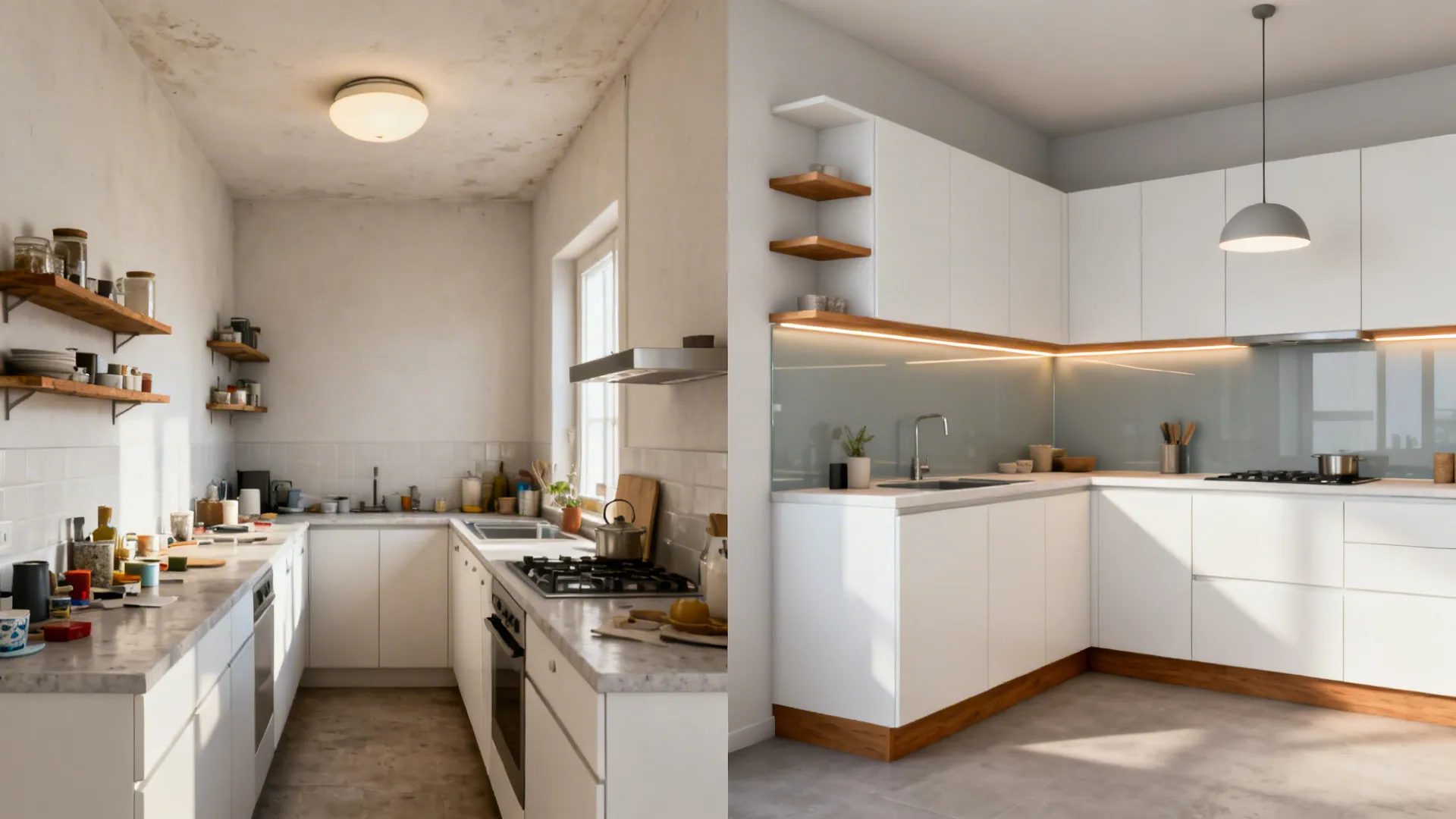 Before-and-after of a compact kitchen transforming to an L-shaped, minimalist space with glass backsplash and wood accents.