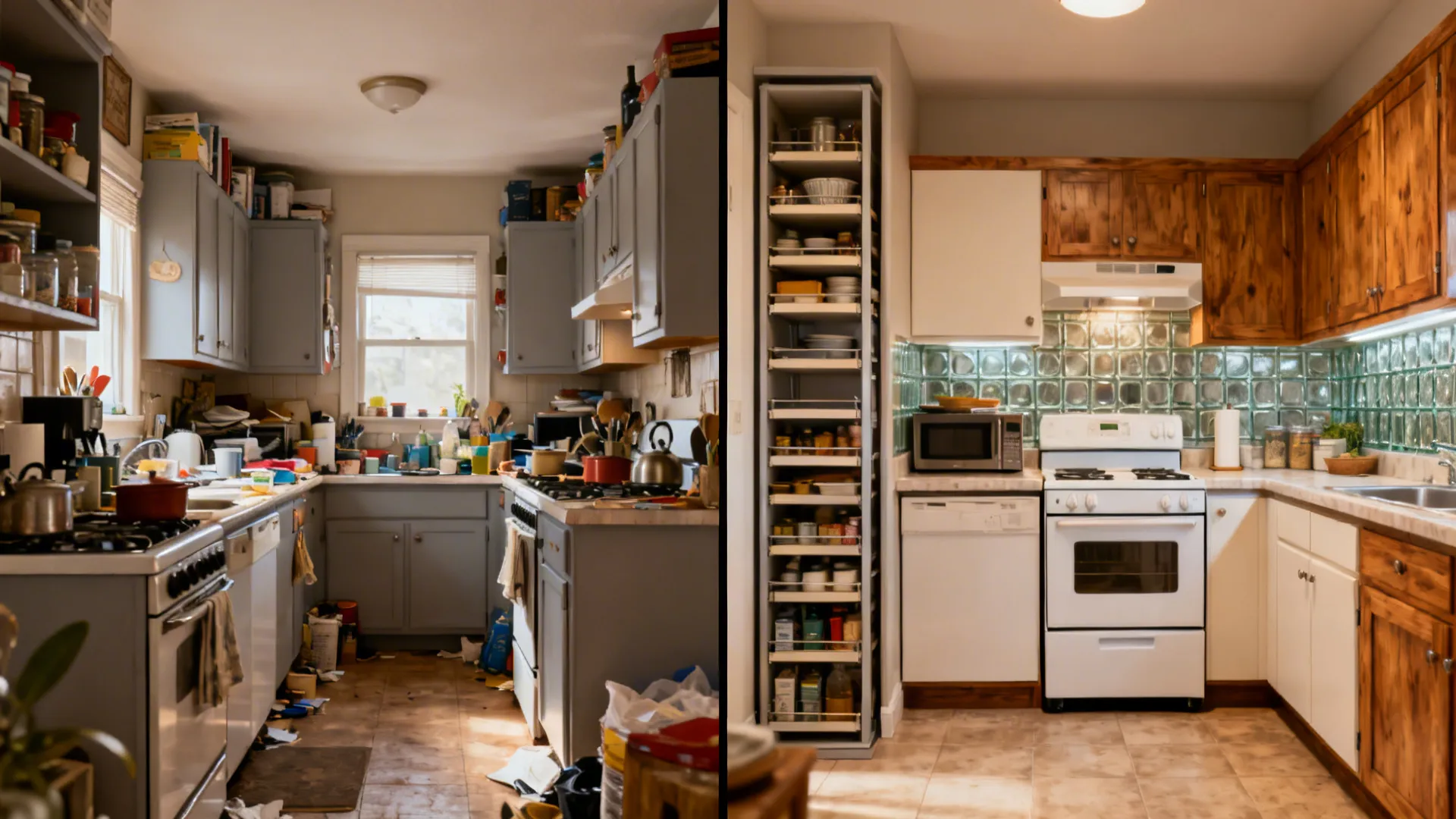 Split view of a small kitchen before and after planning, comparing crowded straight run to optimized L-shaped layout.