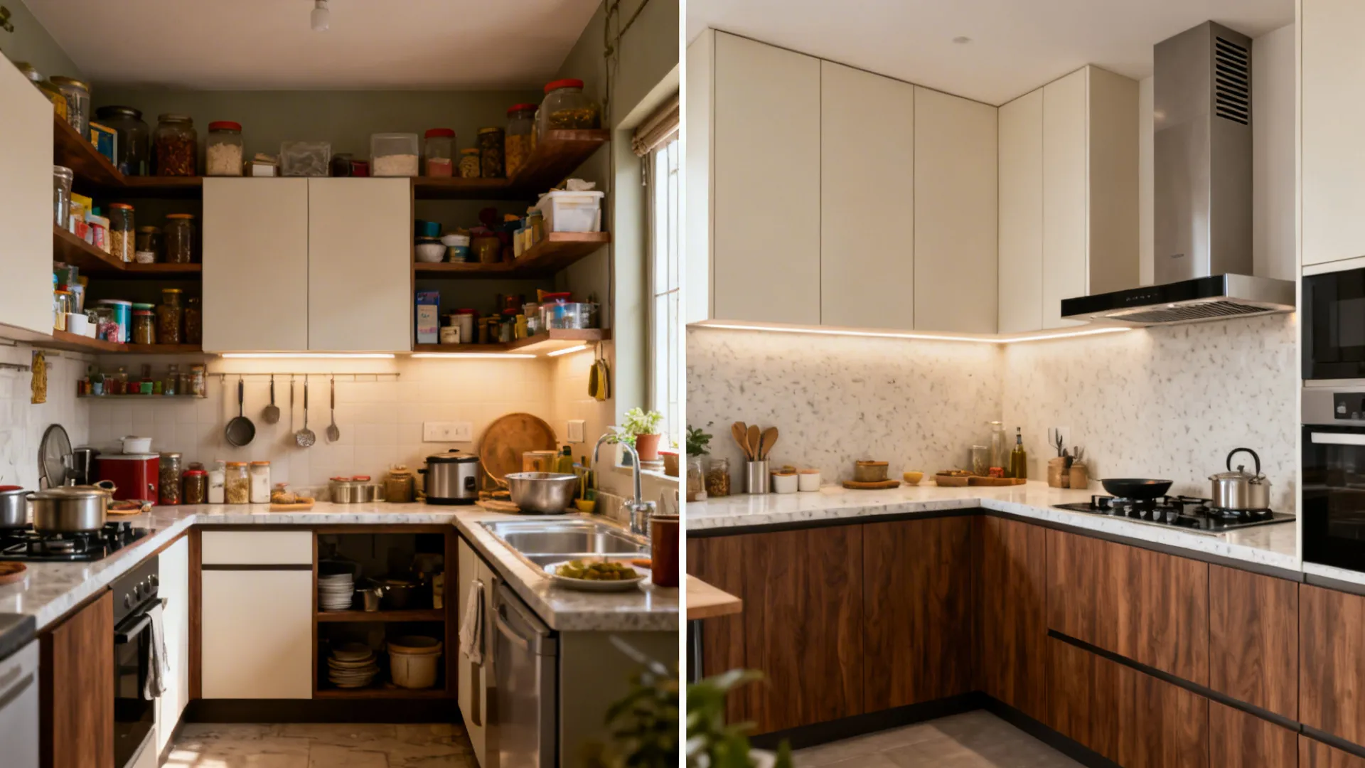 Before-and-after of a compact Indian kitchen transformed to a clean L-shaped layout with warm finishes.