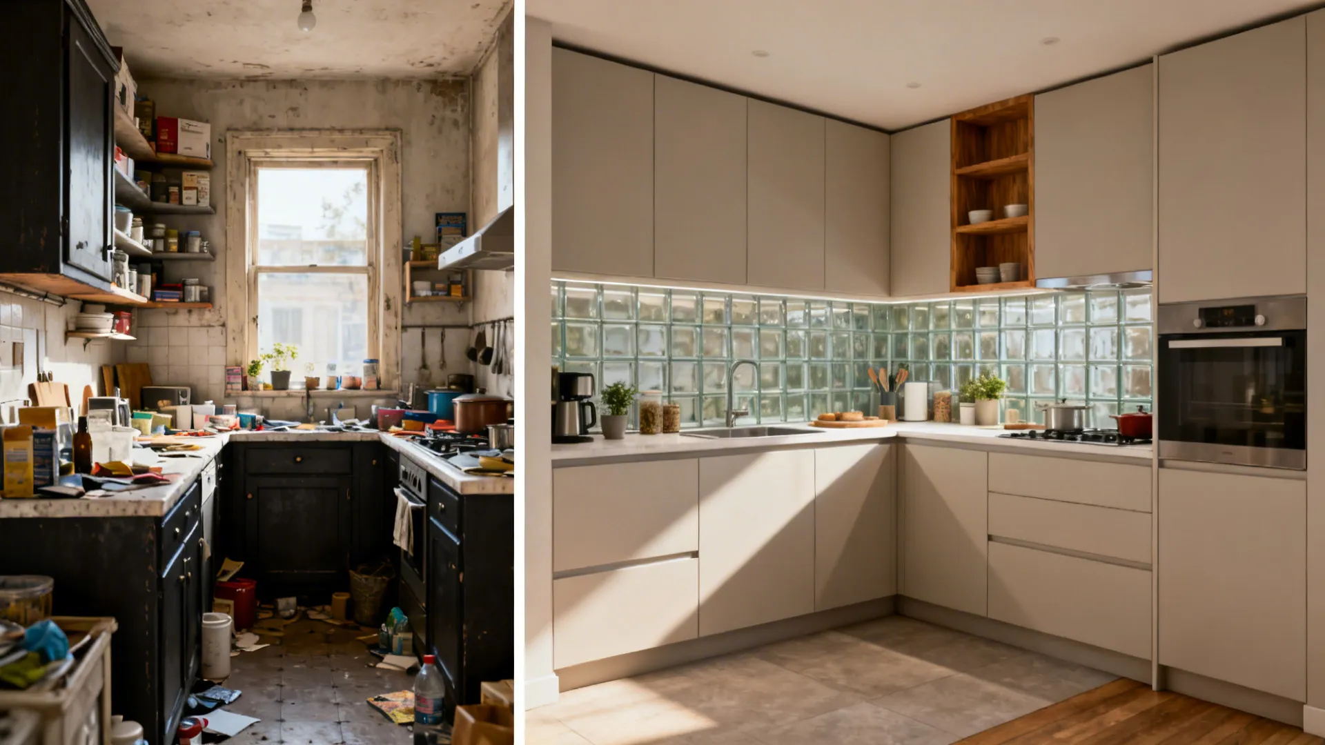 Before-and-after split of a small kitchen showing a dated layout versus a clean L-shaped modular design.