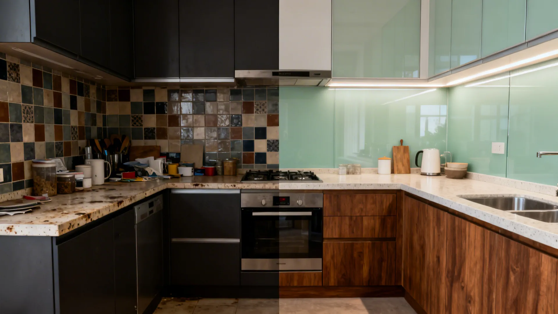 Before-and-after of a small kitchen transforming to warm wood cabinets, quartz counters, and glass backsplash.