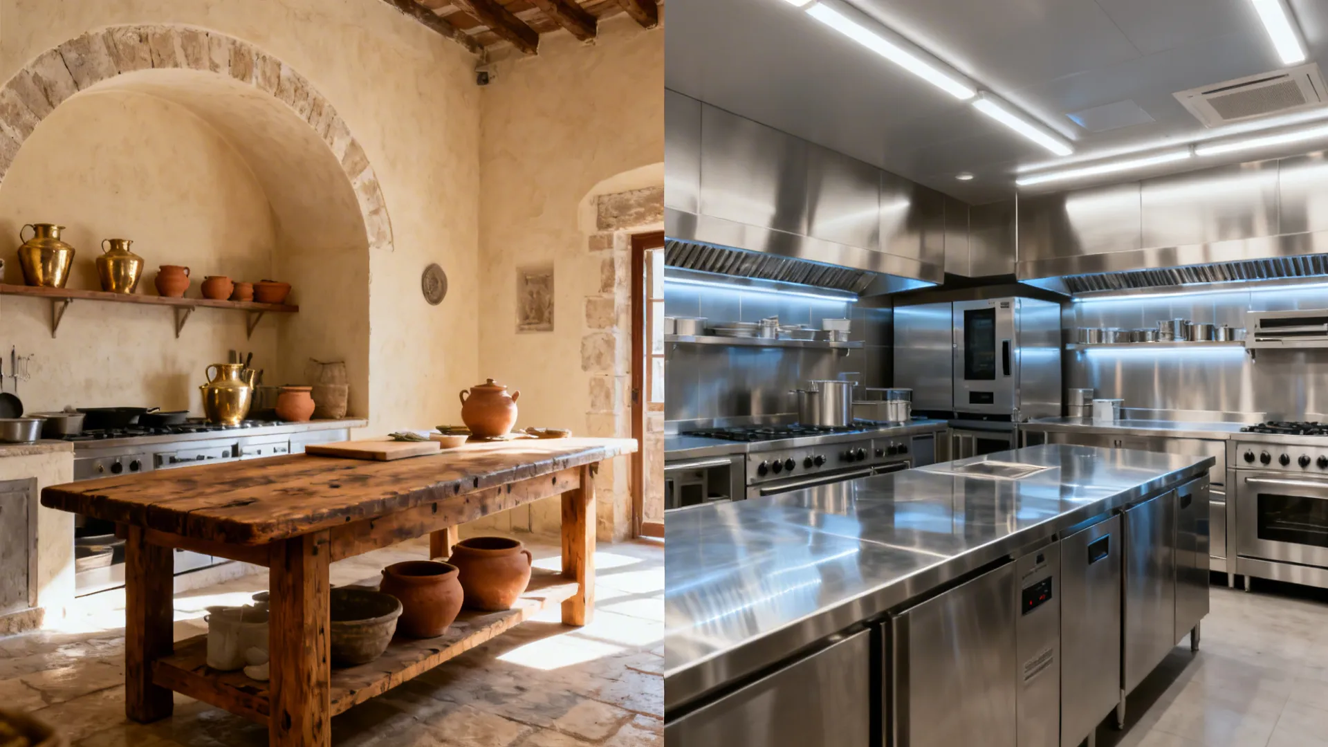 Split image showing a heritage palace kitchen and a modern stainless commercial kitchen.
