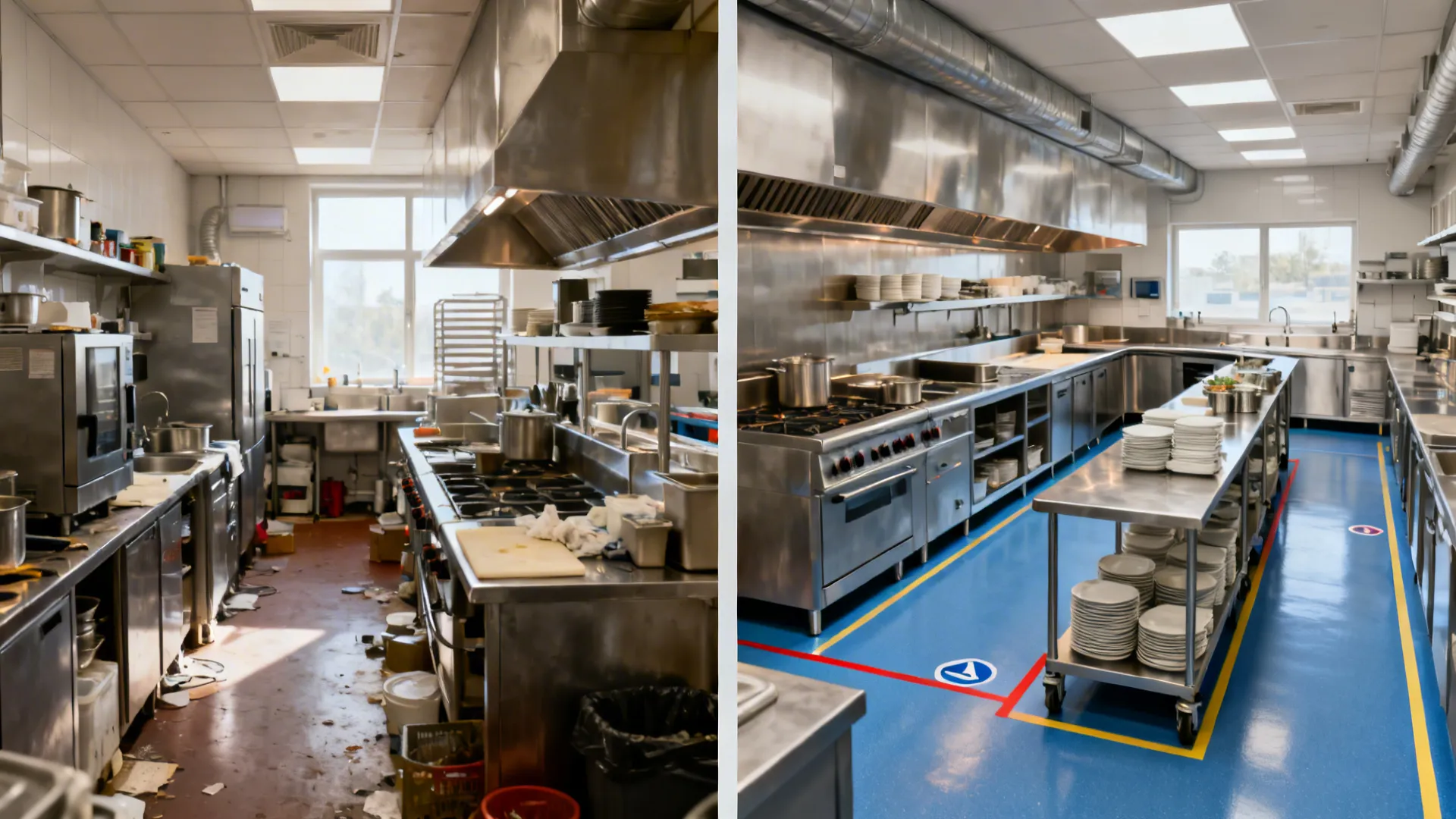 Before-and-after comparison of a small kitchen changing from scattered to zoned, efficient layout.