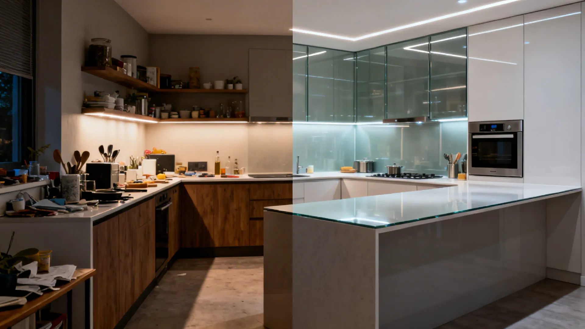 Before-and-after of a small kitchen showing a cluttered layout transformed into a bright L-shaped design.