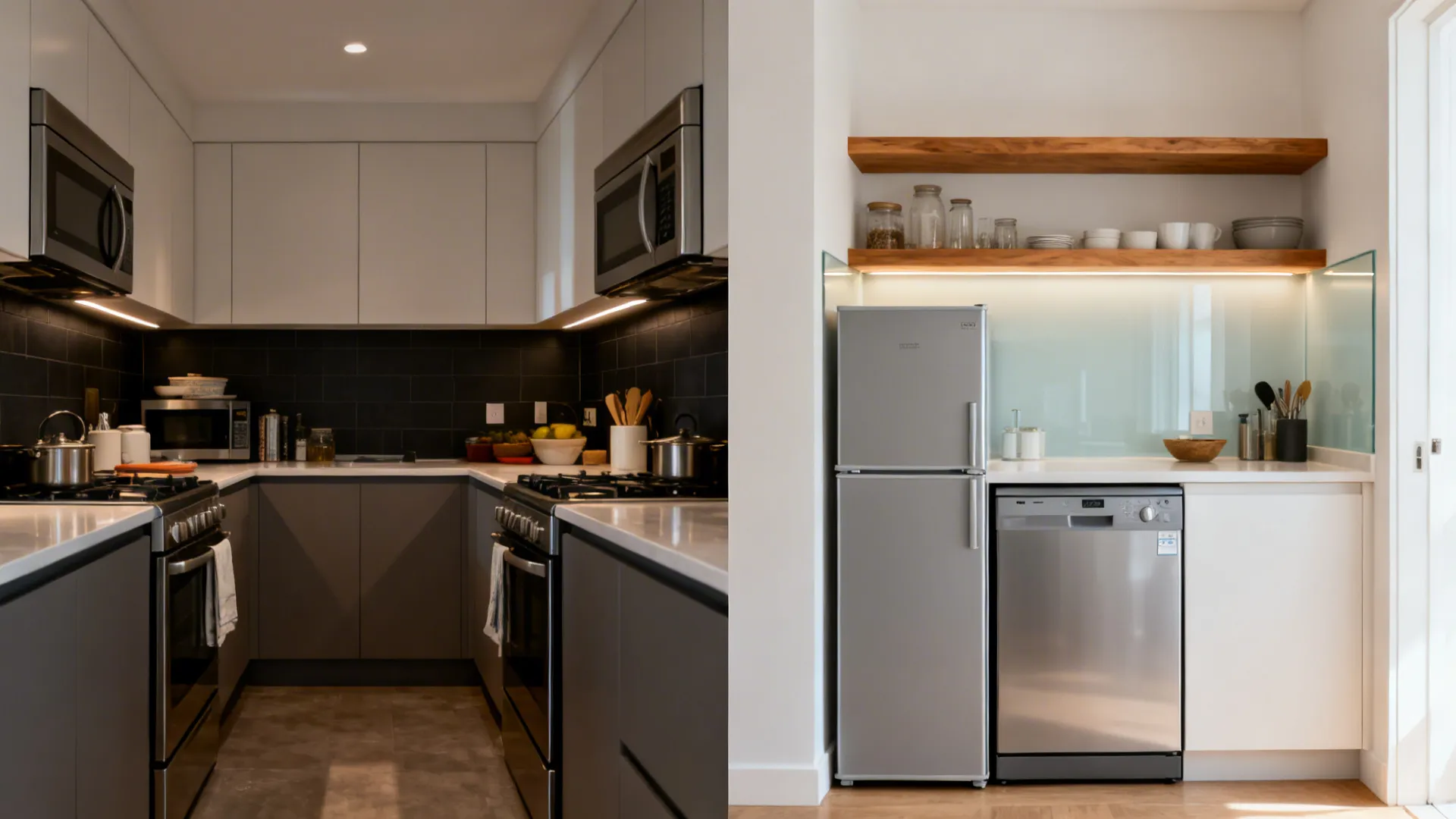 Before and after of a small kitchen showing slim appliances, glass backsplash, and layered lighting improvements.
