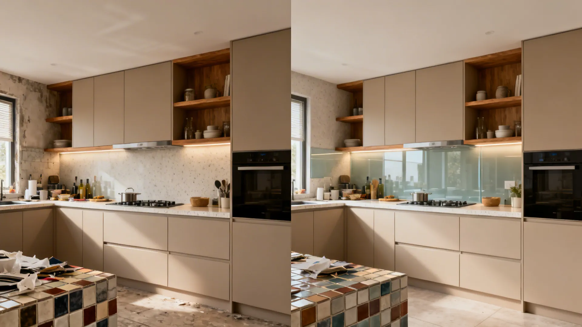 Before-and-after of a compact kitchen transformed with laminate fronts, quartz tops, and warm wood.
