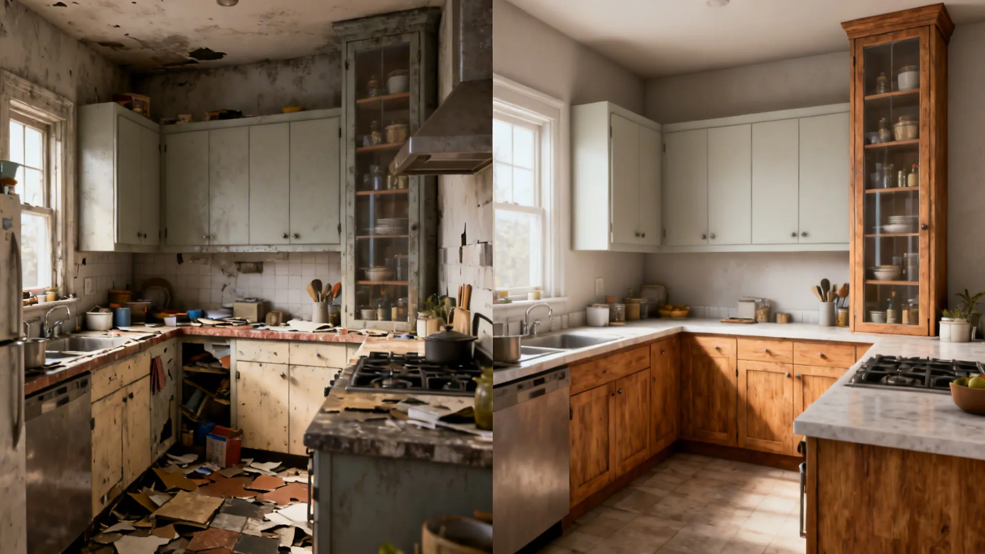 Before-and-after of a tiny kitchen from cluttered U-shape to calm L-shaped design with tall storage.